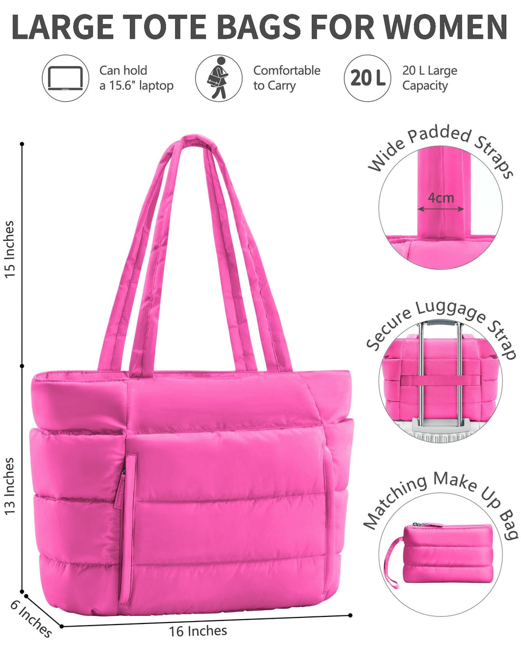 Bagstellar Puffer Tote Bag for Women, Lightweight Puffy Travel Gym Work Bag