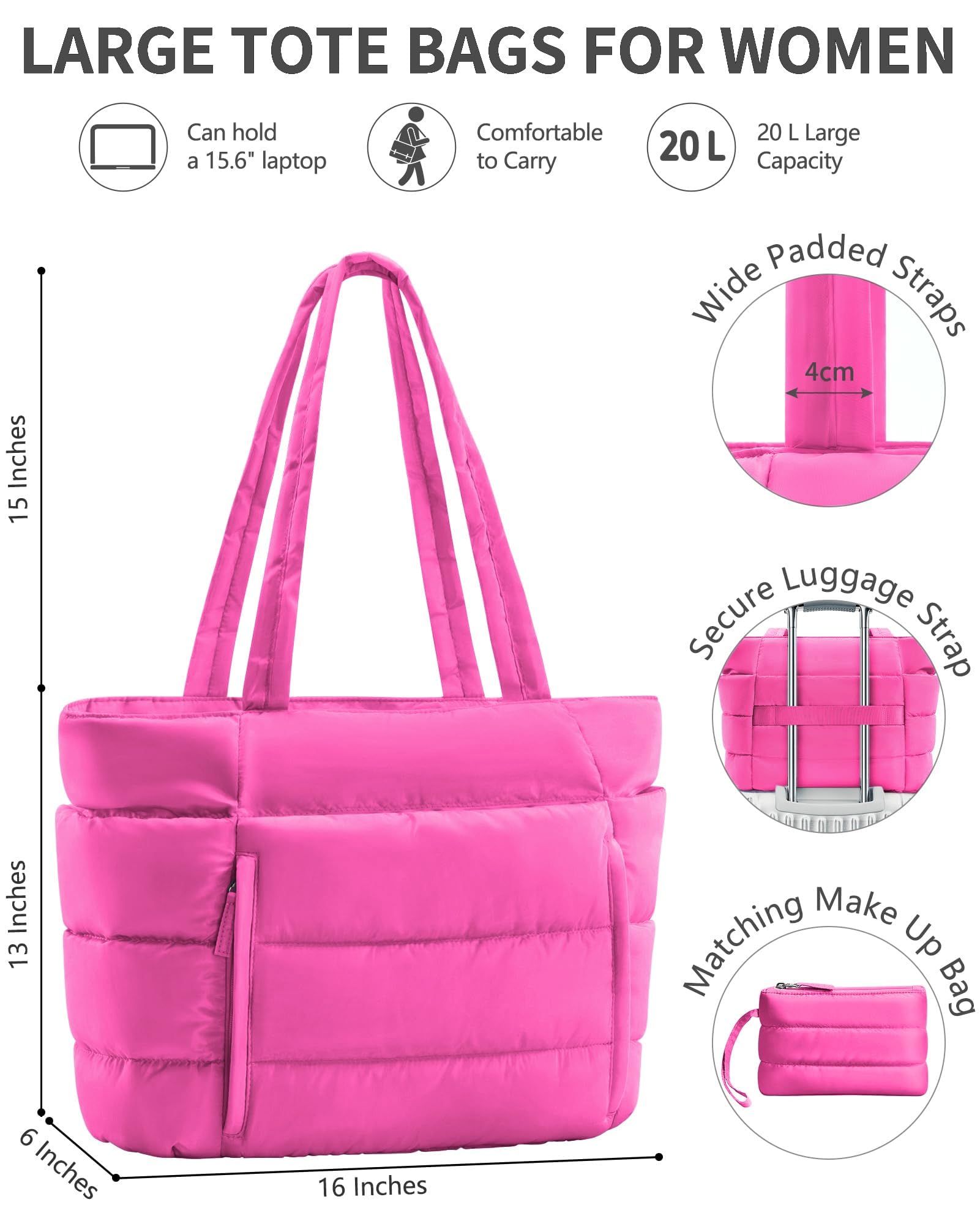 Bagstellar Puffer Tote Bag for Women, Lightweight Puffy Travel Gym Work Bag