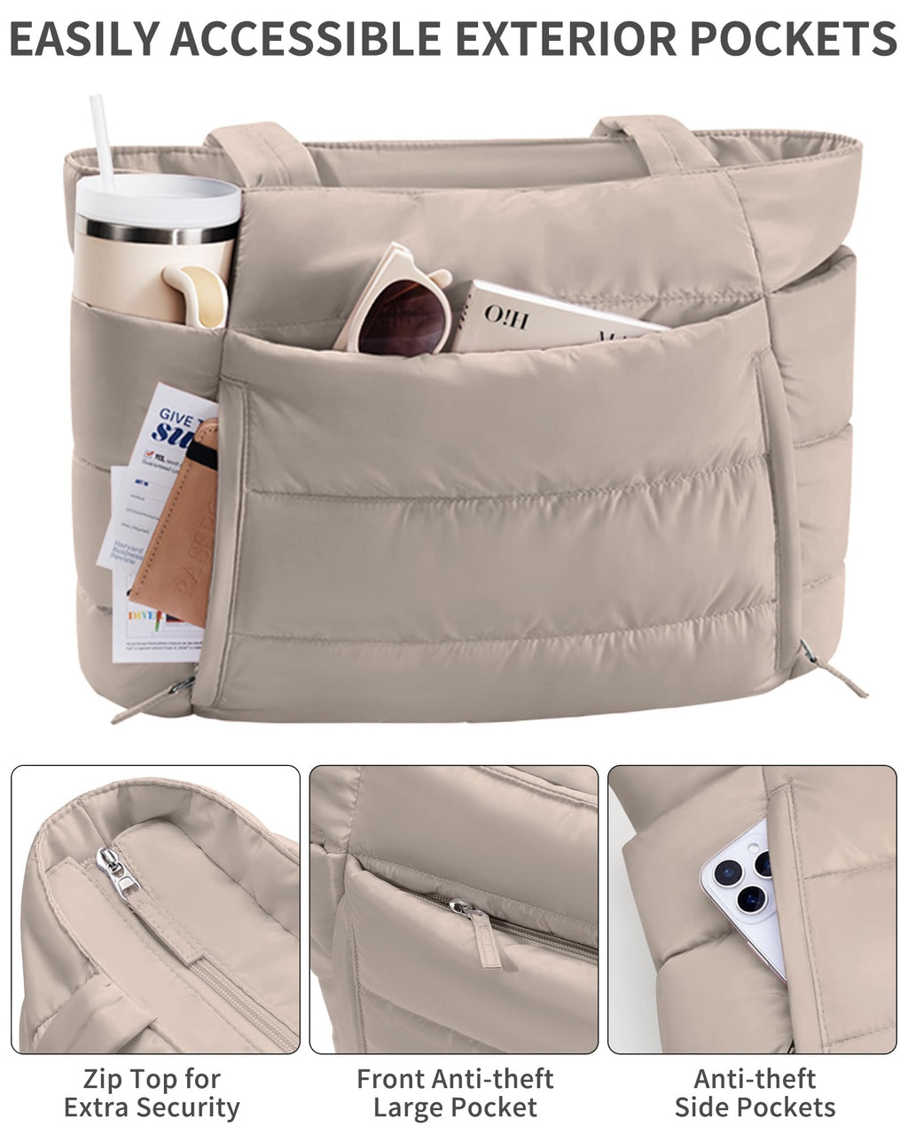 Bagstellar Puffer Tote Bag for Women, Lightweight Puffy Travel Gym Work Bag