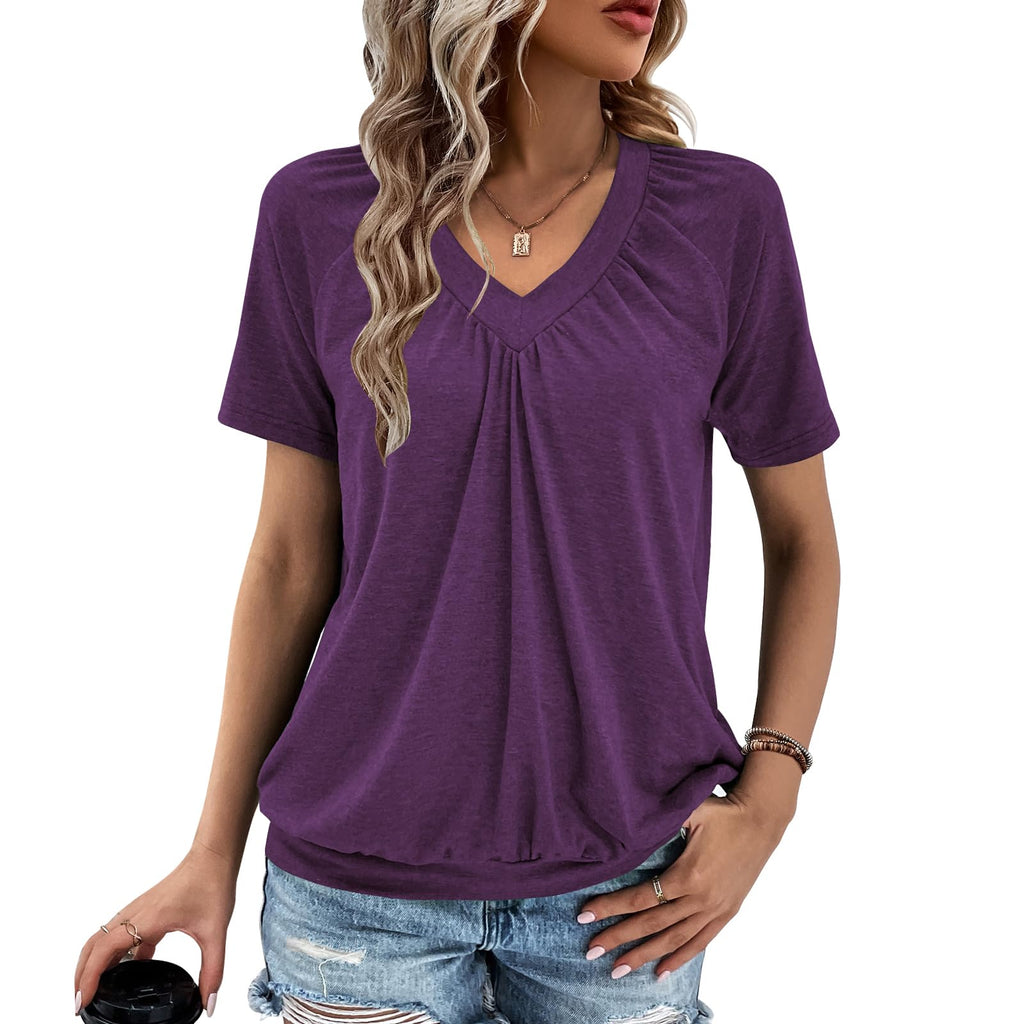 Gihgoew Summer Tops for Women 2025 Shorts Sleeve Womens Tops,V Neck Soft Casual Loose Fit Ruched Top T Shirts Tee Clothes