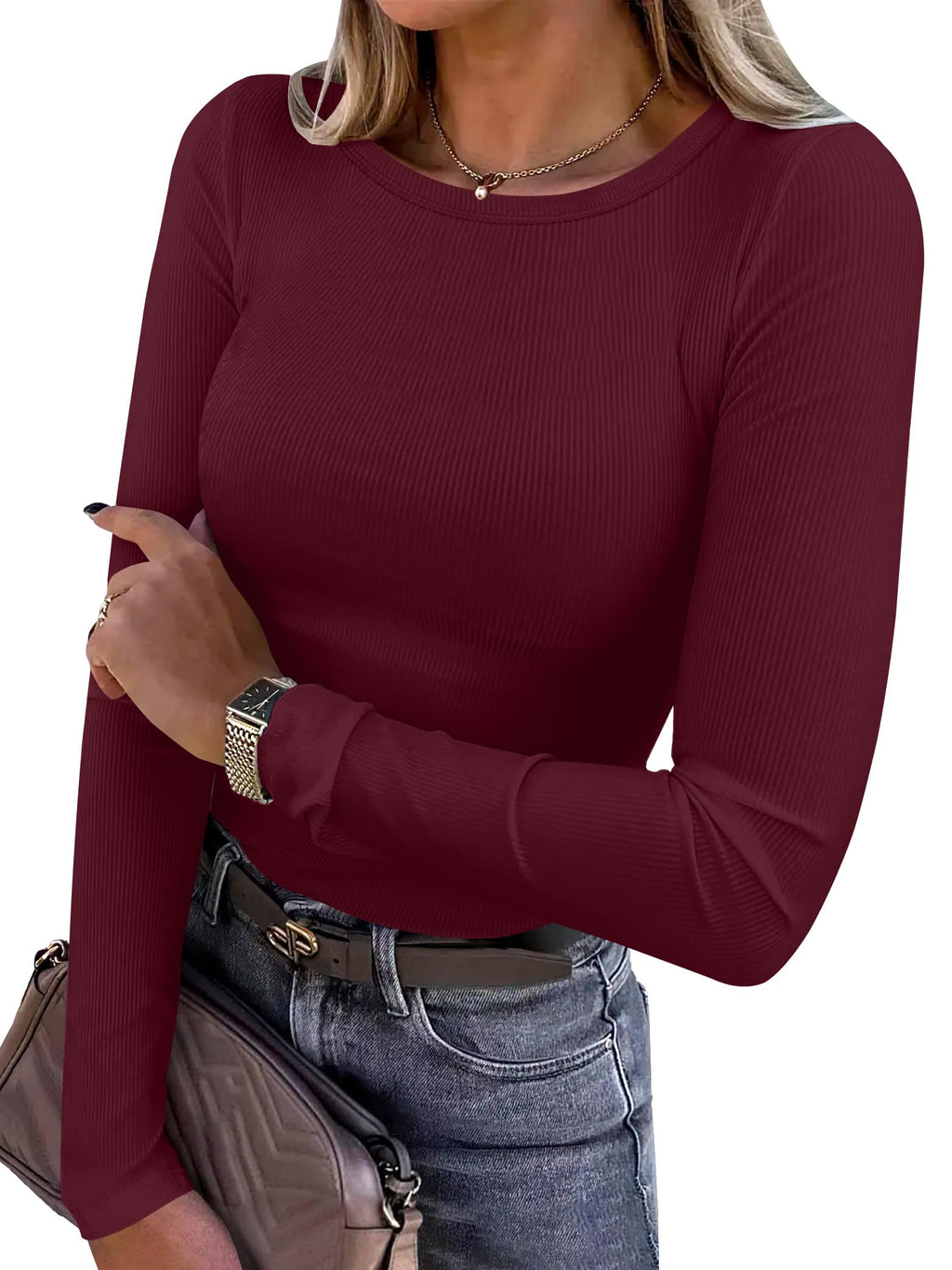 ANRABESS Women Long Sleeve Shirts Ribbed Fitted Tops