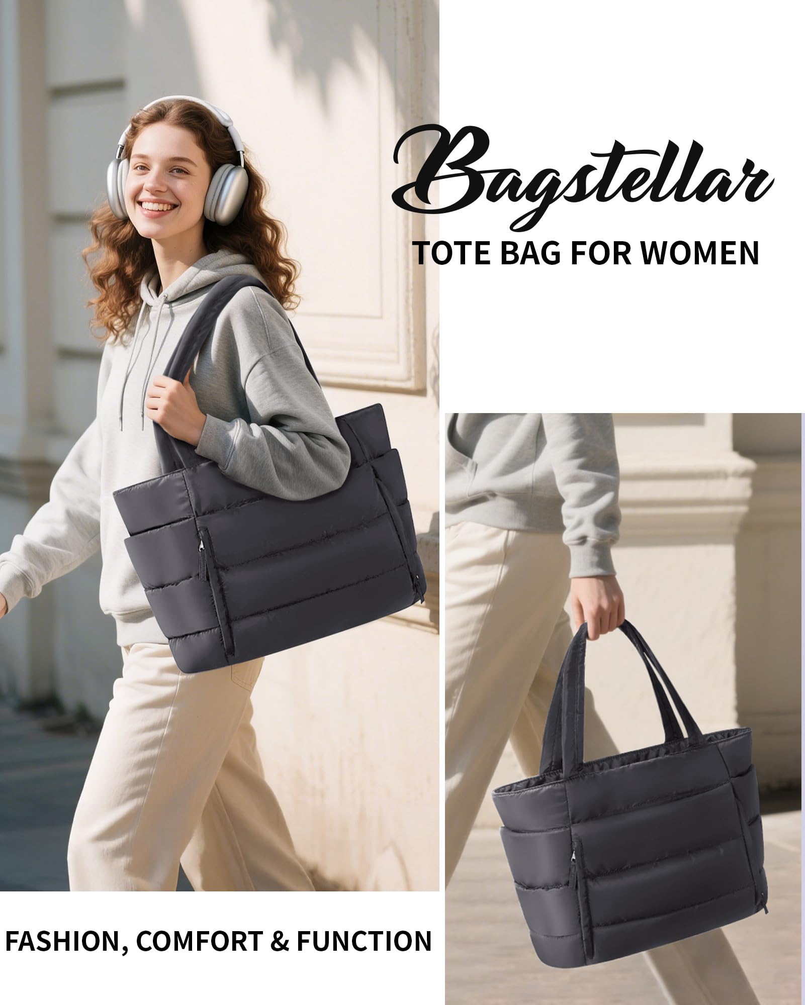 Bagstellar Puffer Tote Bag for Women, Lightweight Puffy Travel Gym Work Bag