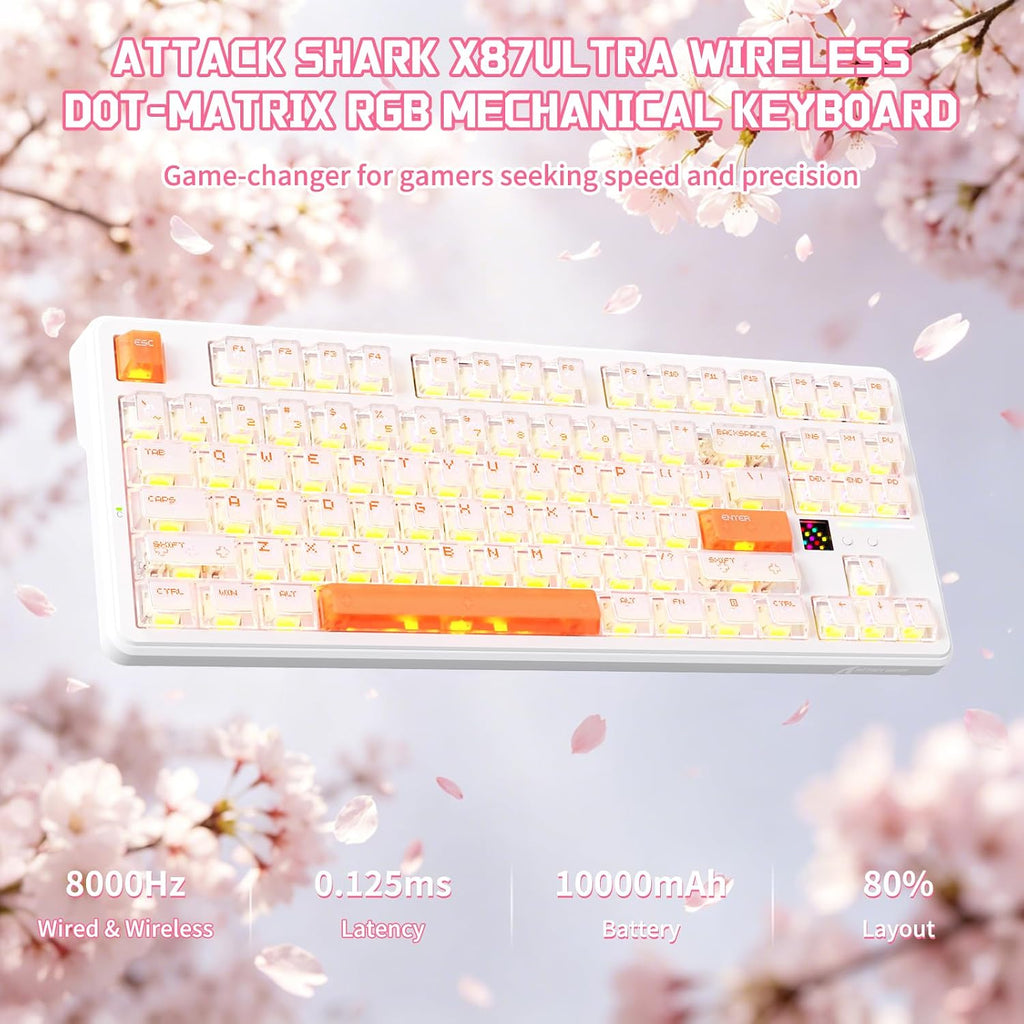 ATTACK SHARK X87 ULTRA Kablosuz Mekanik Oyun Klavyesi Dot Matrix Ekranlı, BT/2,4 GHz/Kablolu, Çift 8000Hz Yoklama Oranı,%75 Hot-Swap, 10000mAh, RGB, Shark Fin Kablosuz Alıcı, Mürekkep Gölge