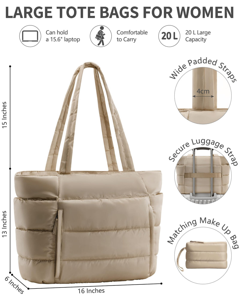 Bagstellar Puffer Tote Bag for Women, Lightweight Puffy Travel Gym Work Bag