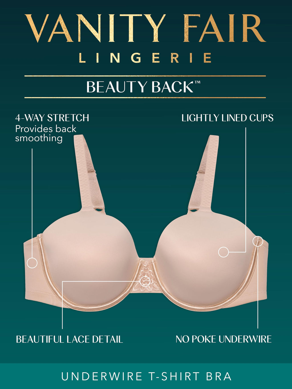 Vanity Fair Women's Full Figure Beauty Back Smoothing Bra, 4 Way Stretch Fabric, Lightly Lined Cups up to H