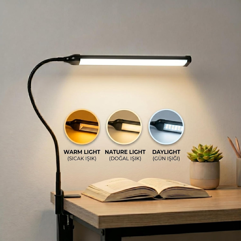Coverzone Led Masa Lambası – 12W USB Güç Girişli, Esnek Kol, Klipsli Tasarım, 3 Renk Sıcaklığı (2800K/4200K/6000K), Kısılabilir Dimmer Anahtarlı | Siyah 555