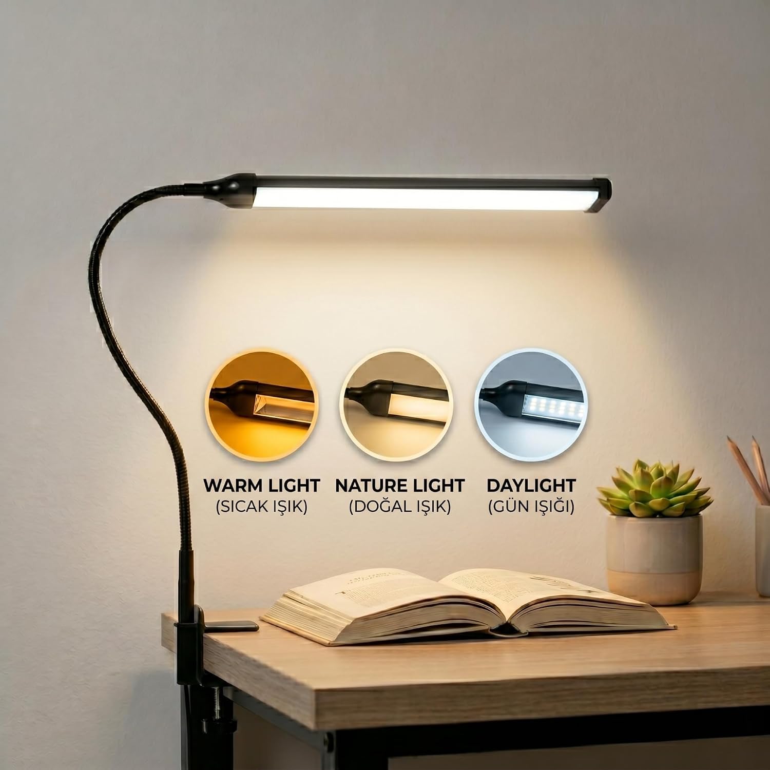 Coverzone Led Masa Lambası – 12W USB Güç Girişli, Esnek Kol, Klipsli Tasarım, 3 Renk Sıcaklığı (2800K/4200K/6000K), Kısılabilir Dimmer Anahtarlı | Siyah 555