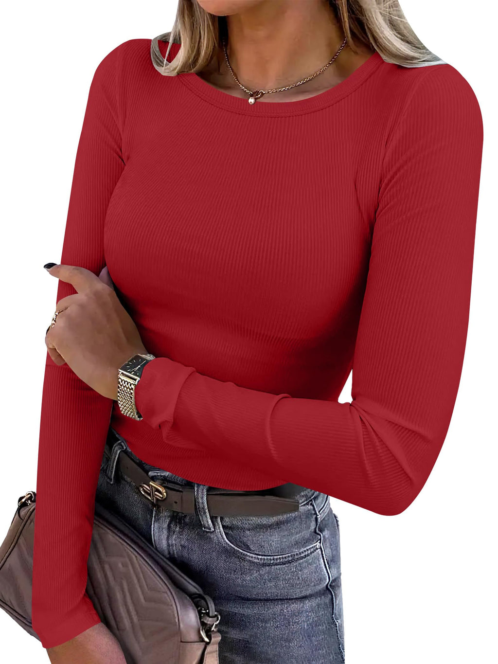 ANRABESS Women Long Sleeve Shirts Ribbed Fitted Tops