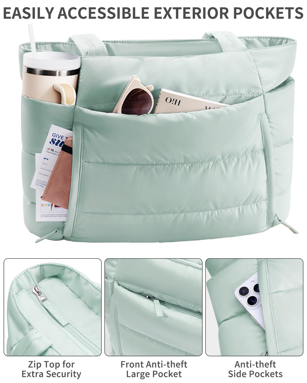 Bagstellar Puffer Tote Bag for Women, Lightweight Puffy Travel Gym Work Bag