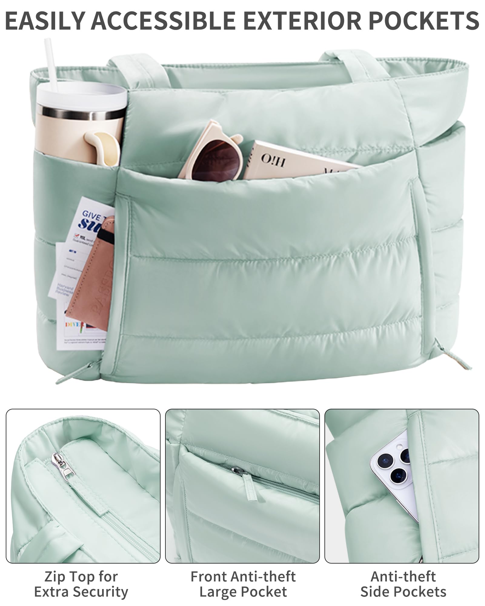 Bagstellar Puffer Tote Bag for Women, Lightweight Puffy Travel Gym Work Bag