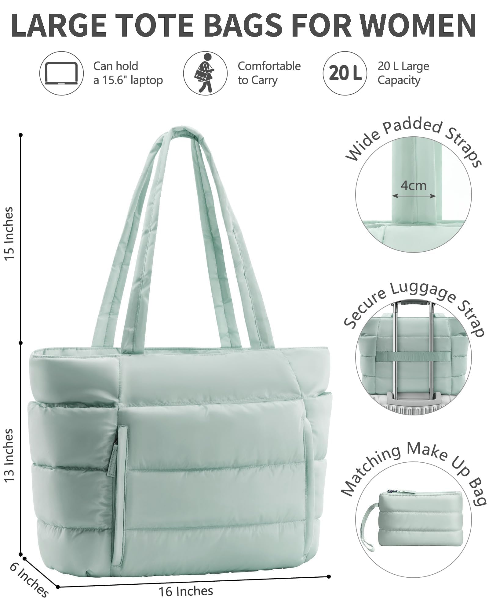 Bagstellar Puffer Tote Bag for Women, Lightweight Puffy Travel Gym Work Bag