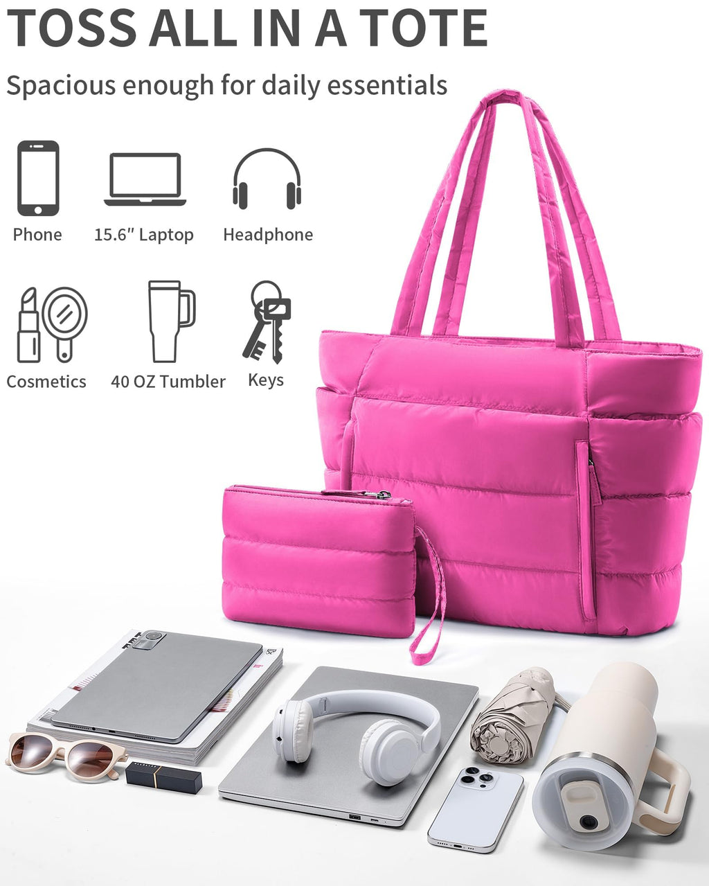 Bagstellar Puffer Tote Bag for Women, Lightweight Puffy Travel Gym Work Bag