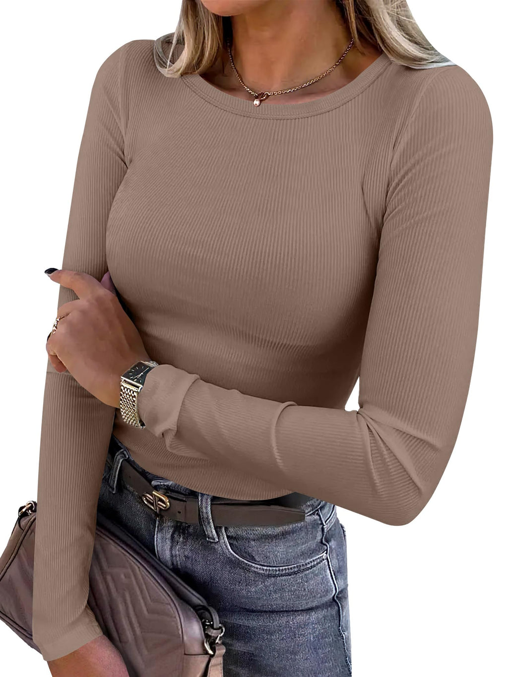 ANRABESS Women Long Sleeve Shirts Ribbed Fitted Tops