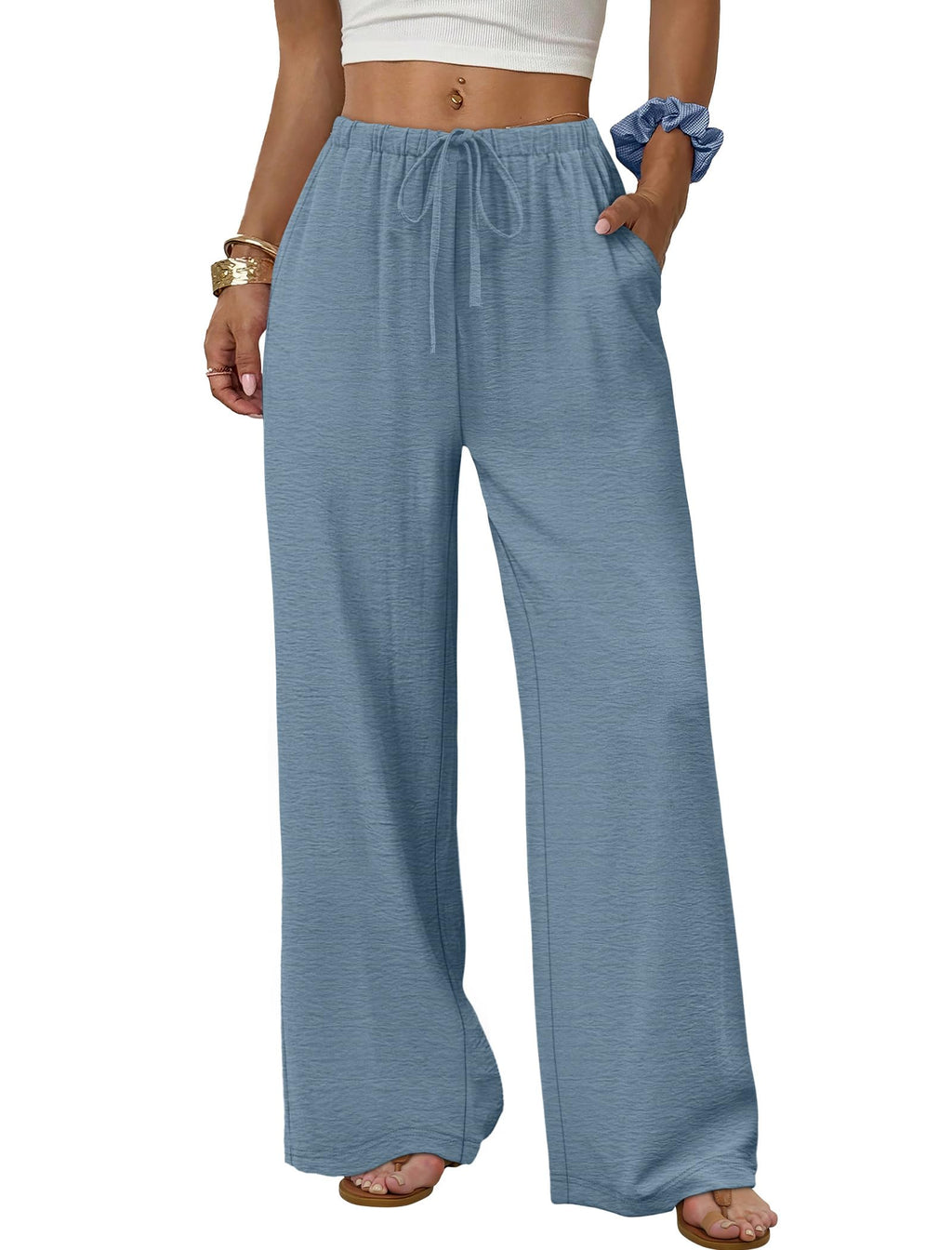 Sampeel Wide Leg Pants for Women Flowy Palazzo Drawstring Elastic Waist Trousers with Pockets Summer Beach Vacation Clothes
