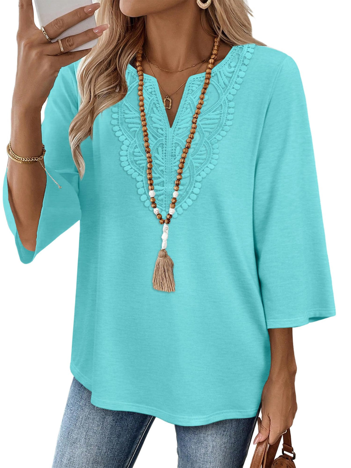 WIHOLL 3/4 Length Sleeve Womens Tops Boho V Neck Lace Shirt Trendy Blouses Dressy Casual Vacation Clothes S-3XL