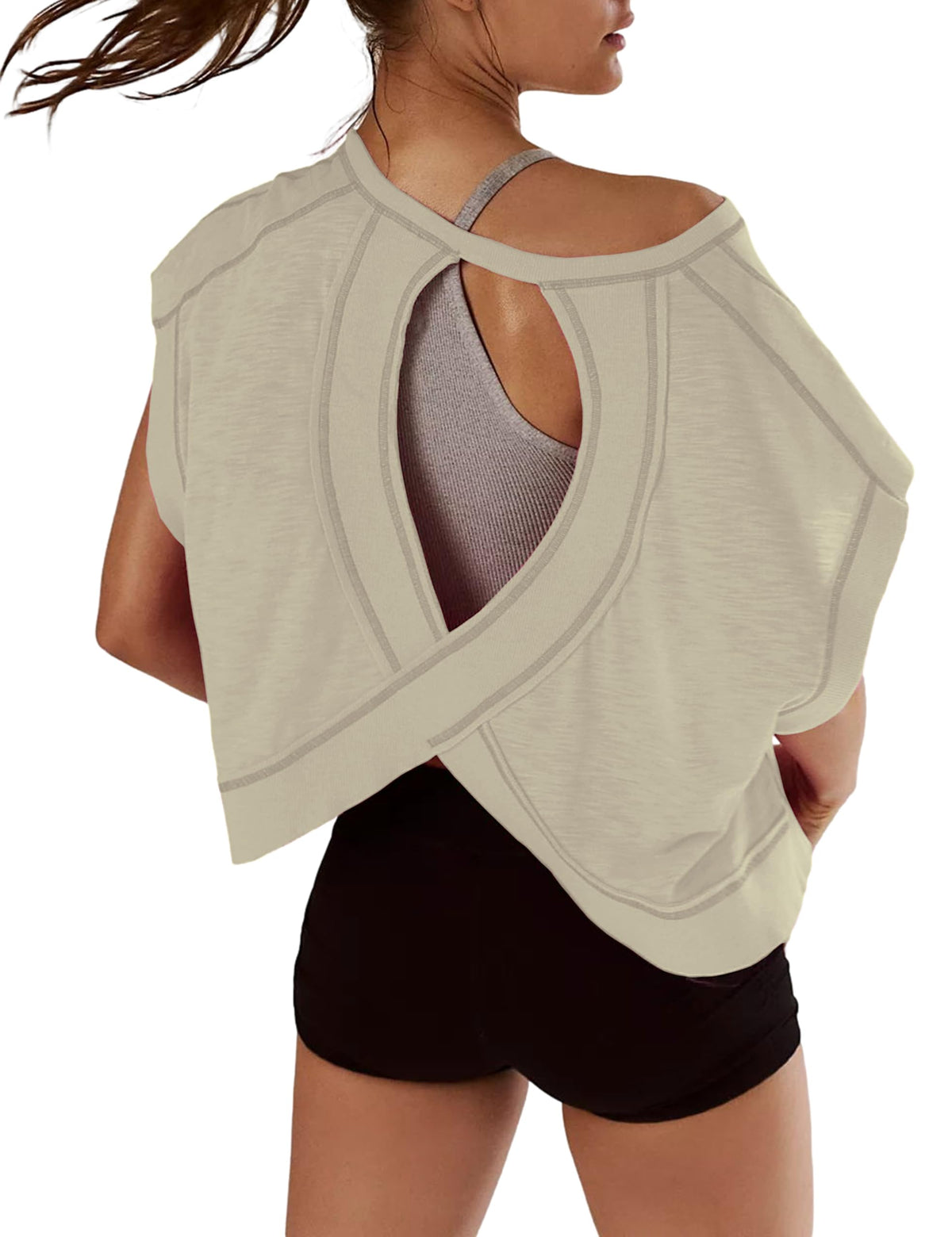 Kumufenc Women Short Sleeve Workout Shirts Open Back Tops Casual Yoga Y2k Athletic Gym Slouchy Crop Running Tees