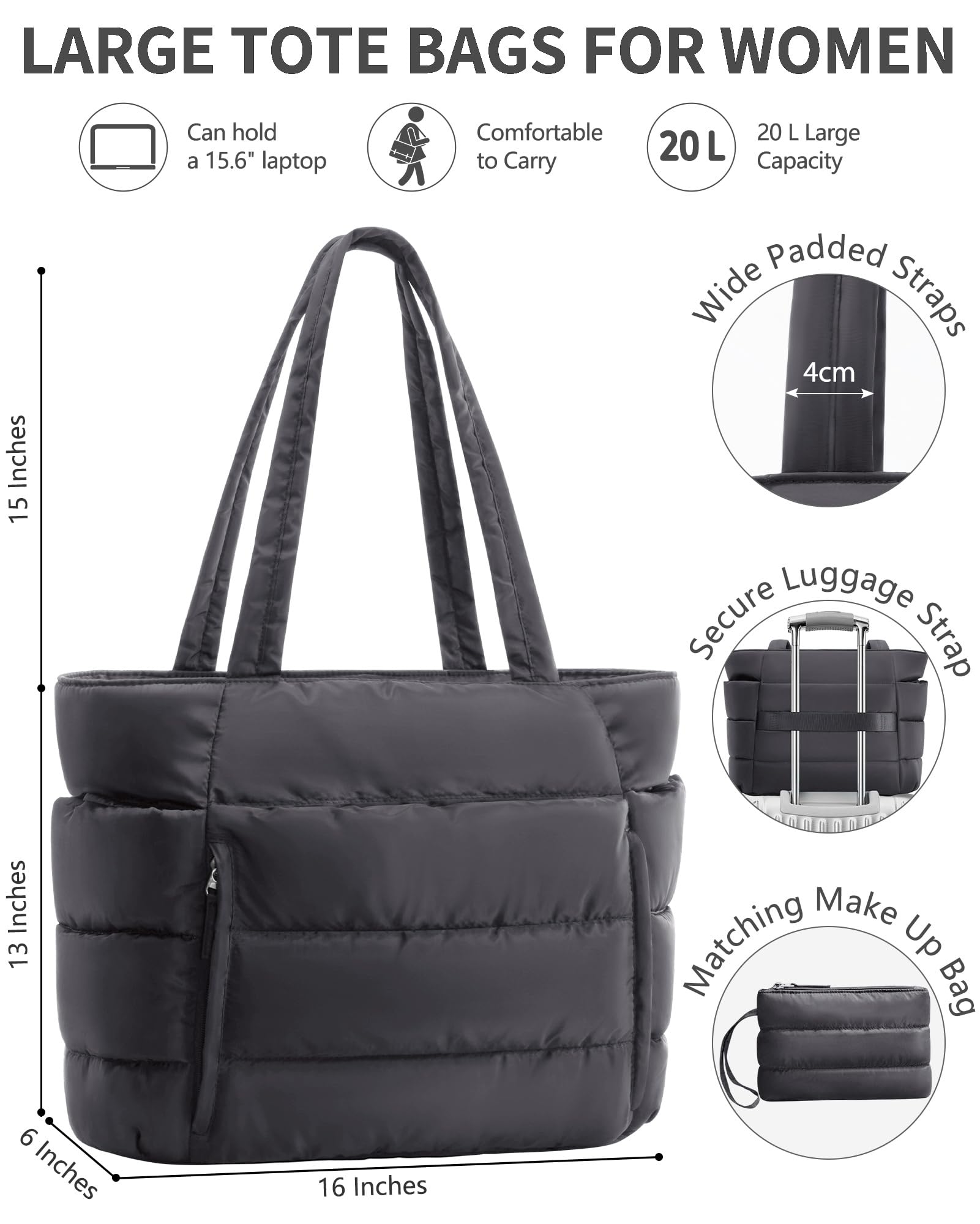 Bagstellar Puffer Tote Bag for Women, Lightweight Puffy Travel Gym Work Bag