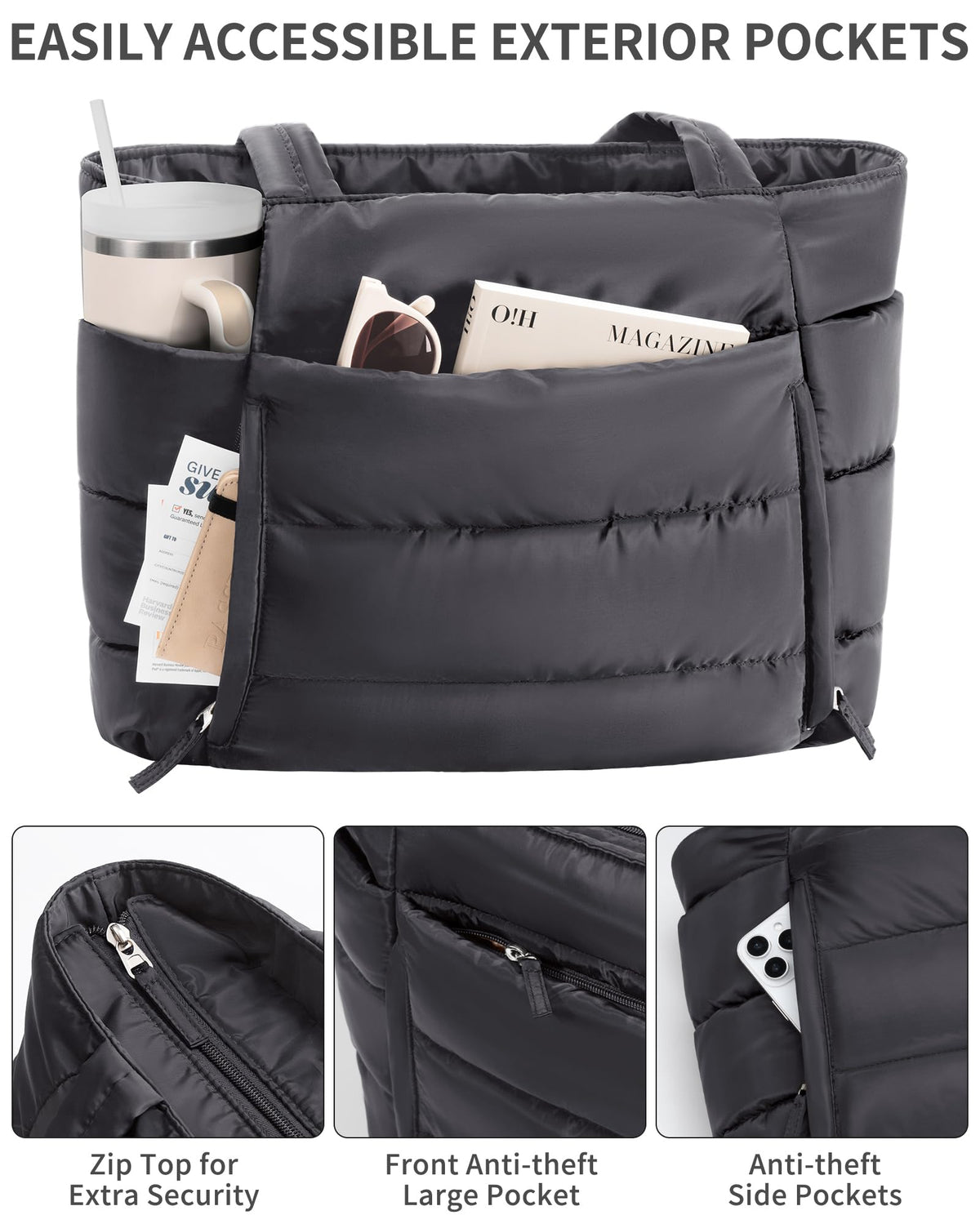 Bagstellar Puffer Tote Bag for Women, Lightweight Puffy Travel Gym Work Bag
