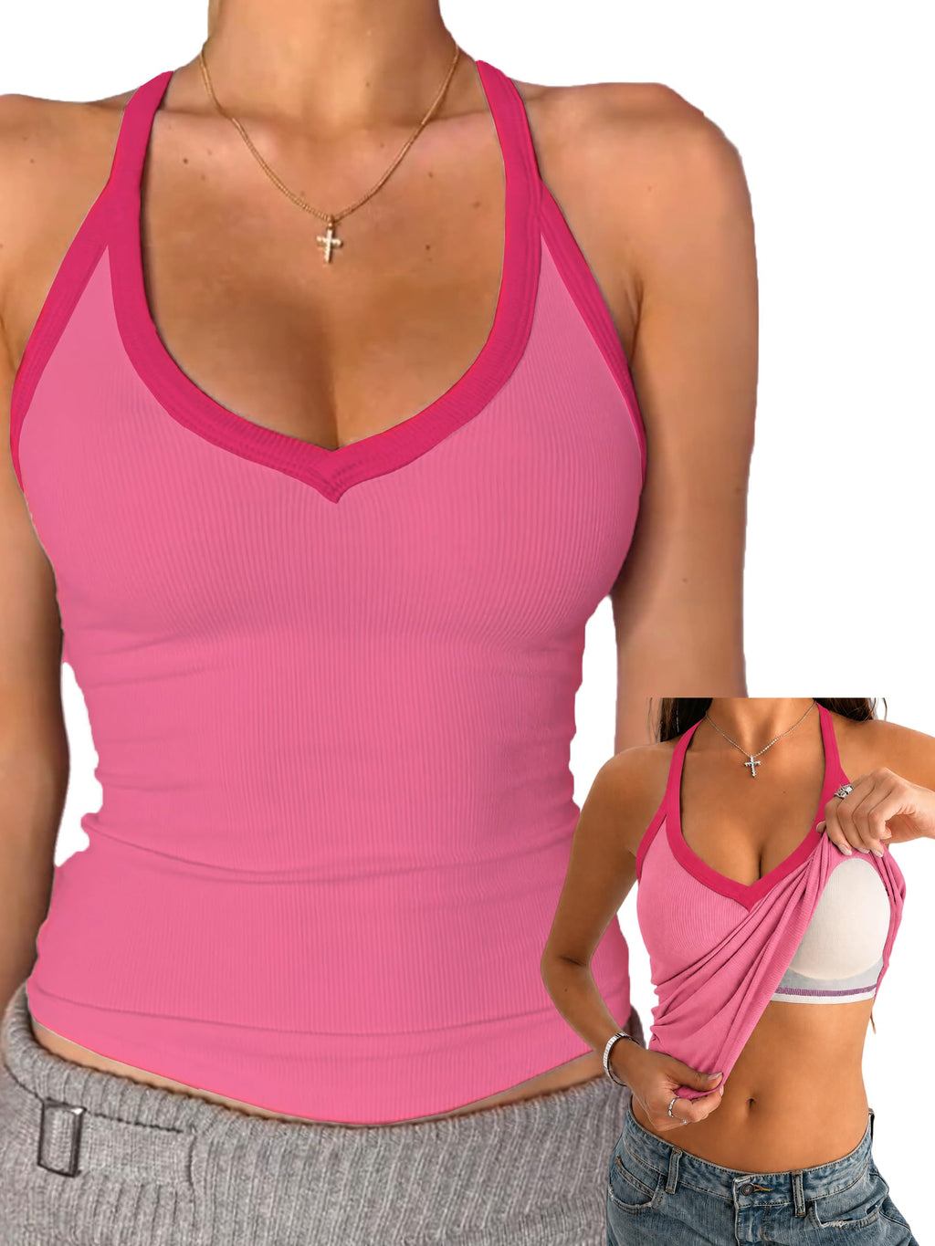 Danysu V Neck Cotton Tank Top with Built-in Shelf Bra Racerback Fitted Cami
