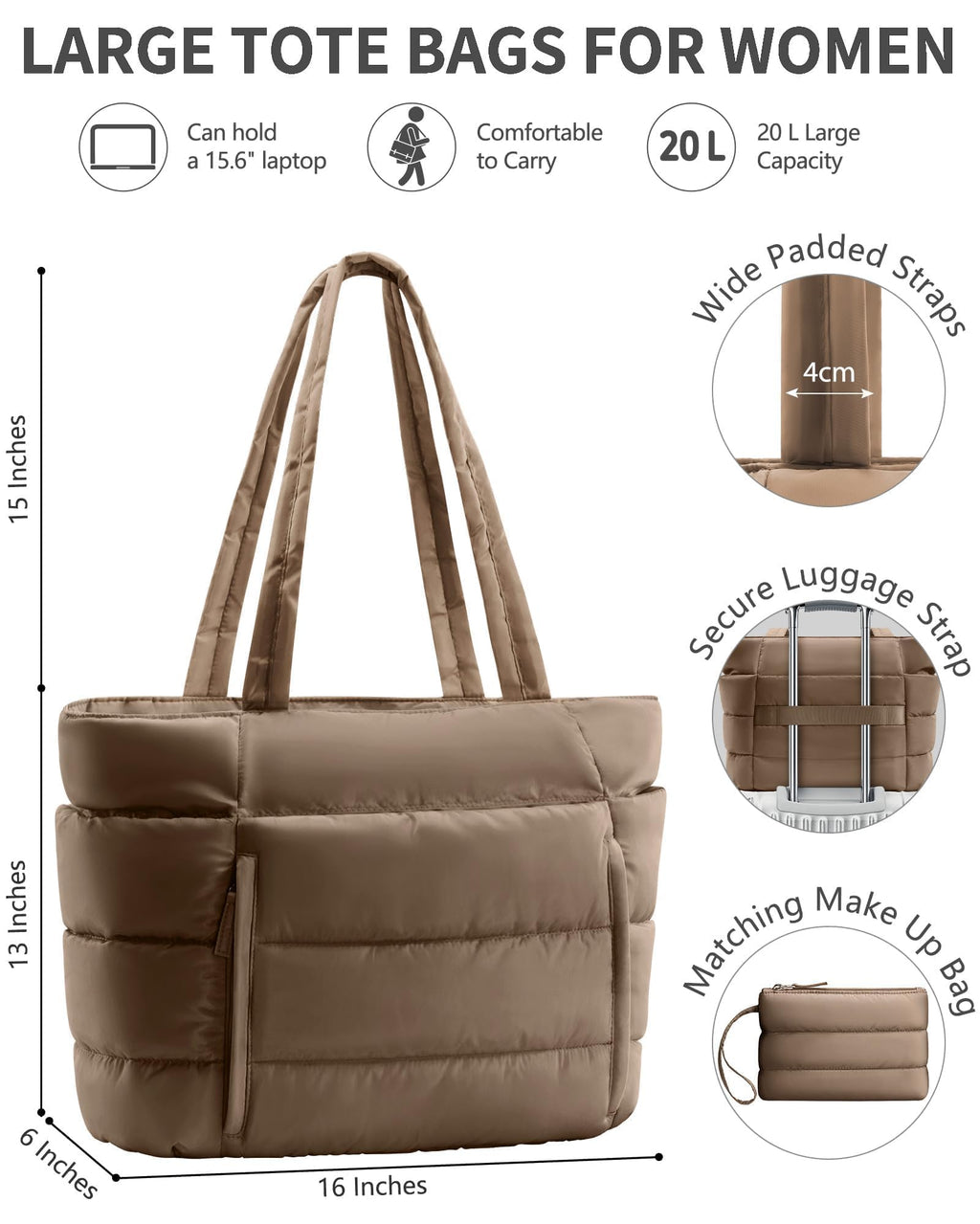 Bagstellar Puffer Tote Bag for Women, Lightweight Puffy Travel Gym Work Bag