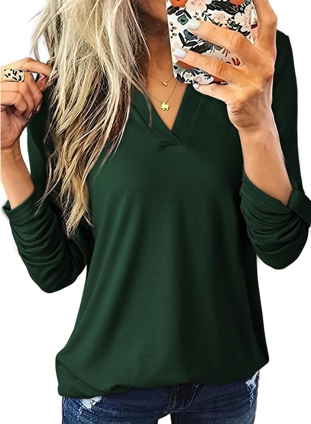 Dokotoo Womens Tops Plaid Cotton Cuffed 3/4 Sleeve Shirts Blouses