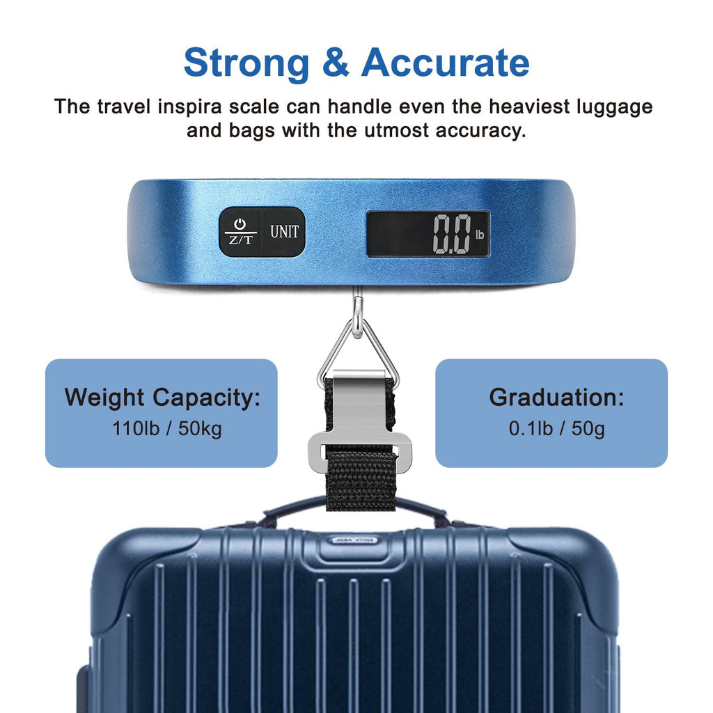 travel inspira Digital Luggage Scale – Portable Hanging Suitcase Weight Scale for Travel, 110 lb Capacity, Backlit LCD Display, Prevents Airport Overweight Fees, Battery Included
