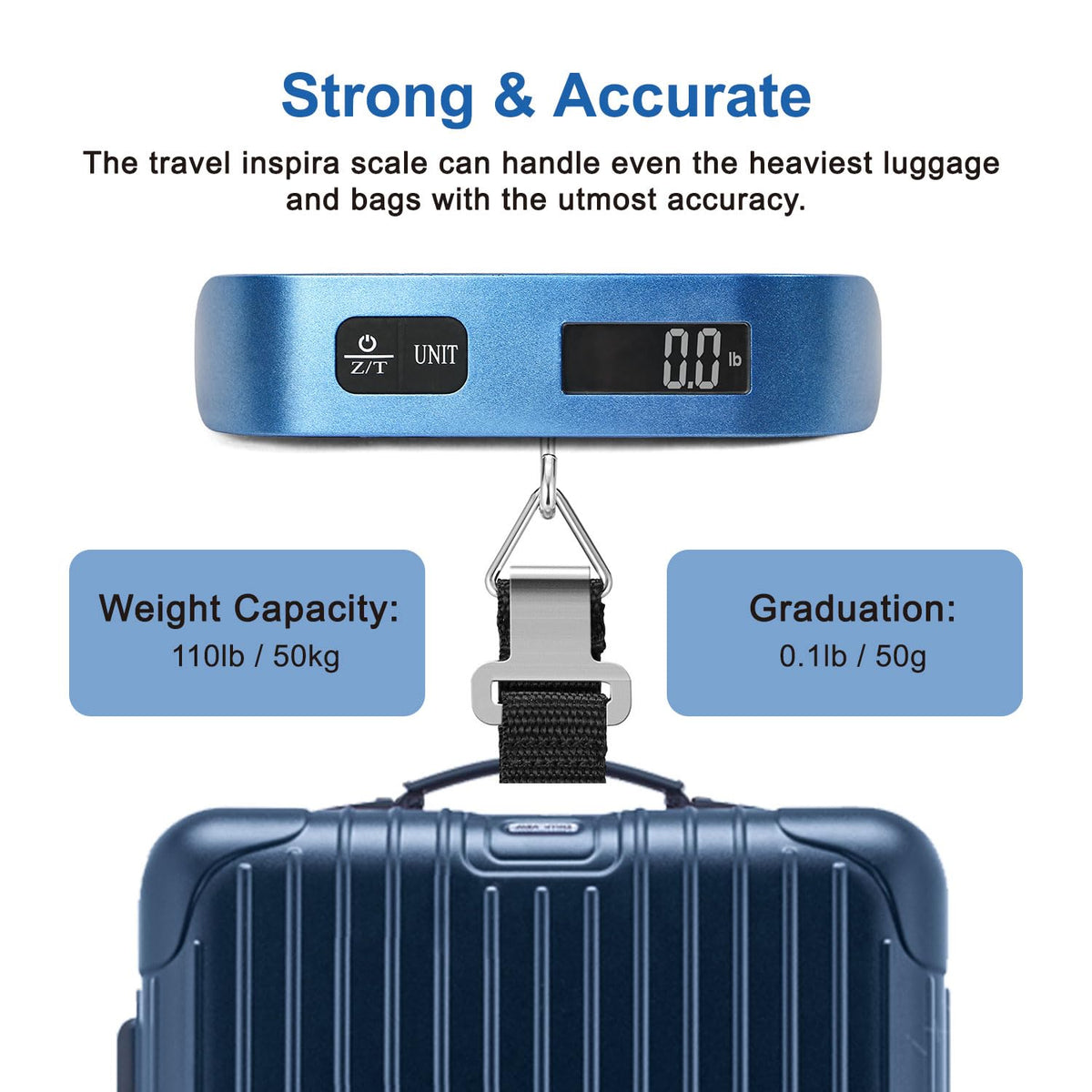 travel inspira Digital Luggage Scale – Portable Hanging Suitcase Weight Scale for Travel, 110 lb Capacity, Backlit LCD Display, Prevents Airport Overweight Fees, Battery Included