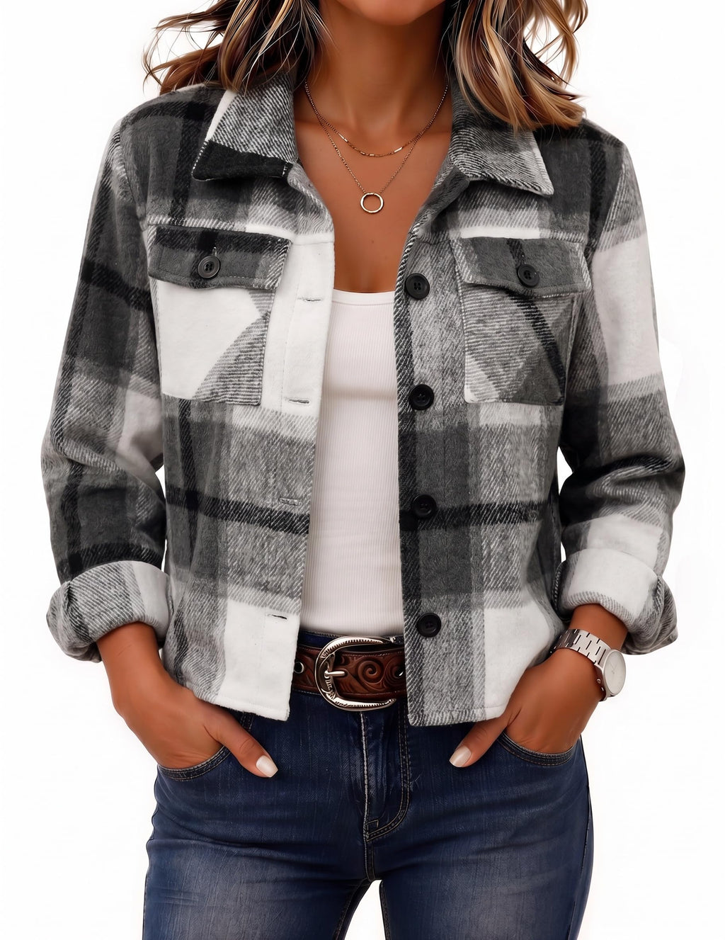 Zeagoo Flannels for Women Cropped Shacket Jacket Fashion Plaid Fall Coat