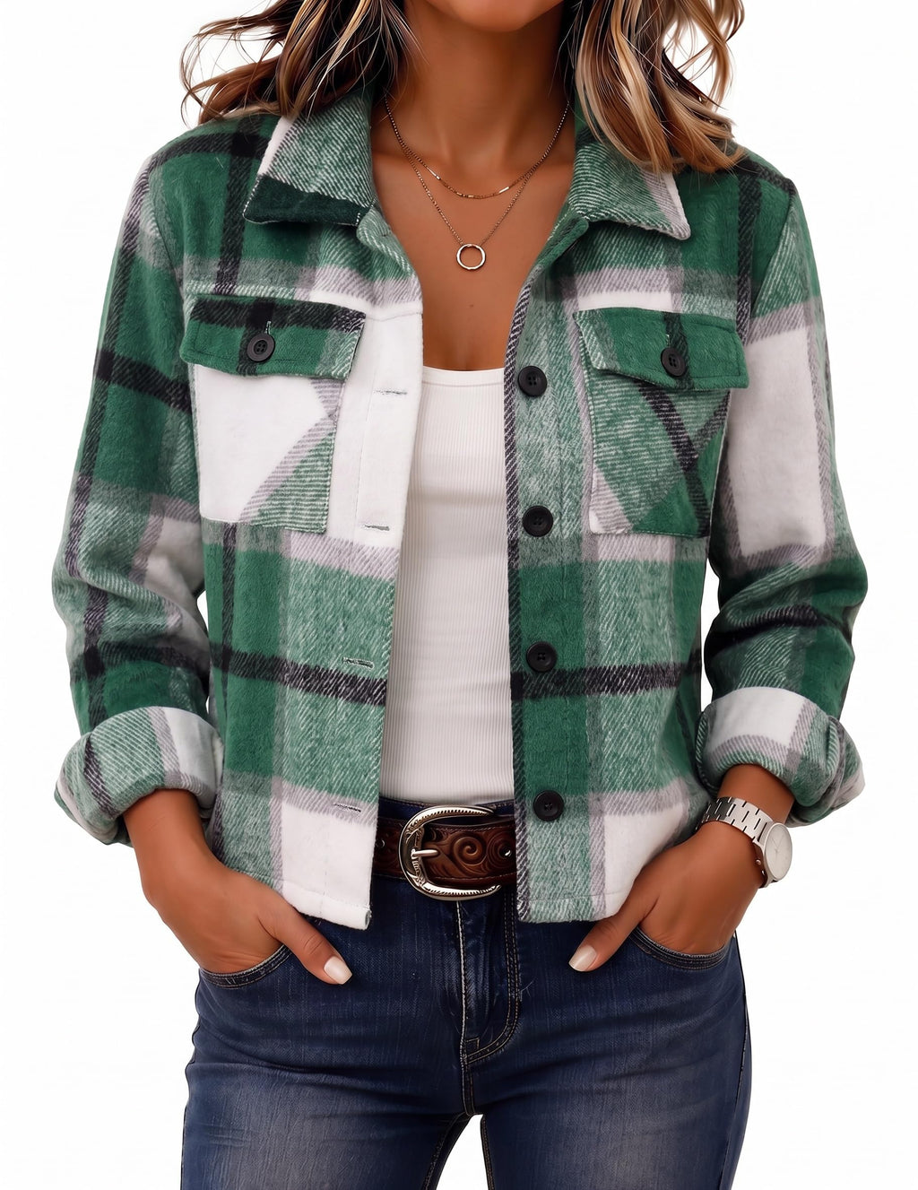 Zeagoo Flannels for Women Cropped Shacket Jacket Fashion Plaid Fall Coat