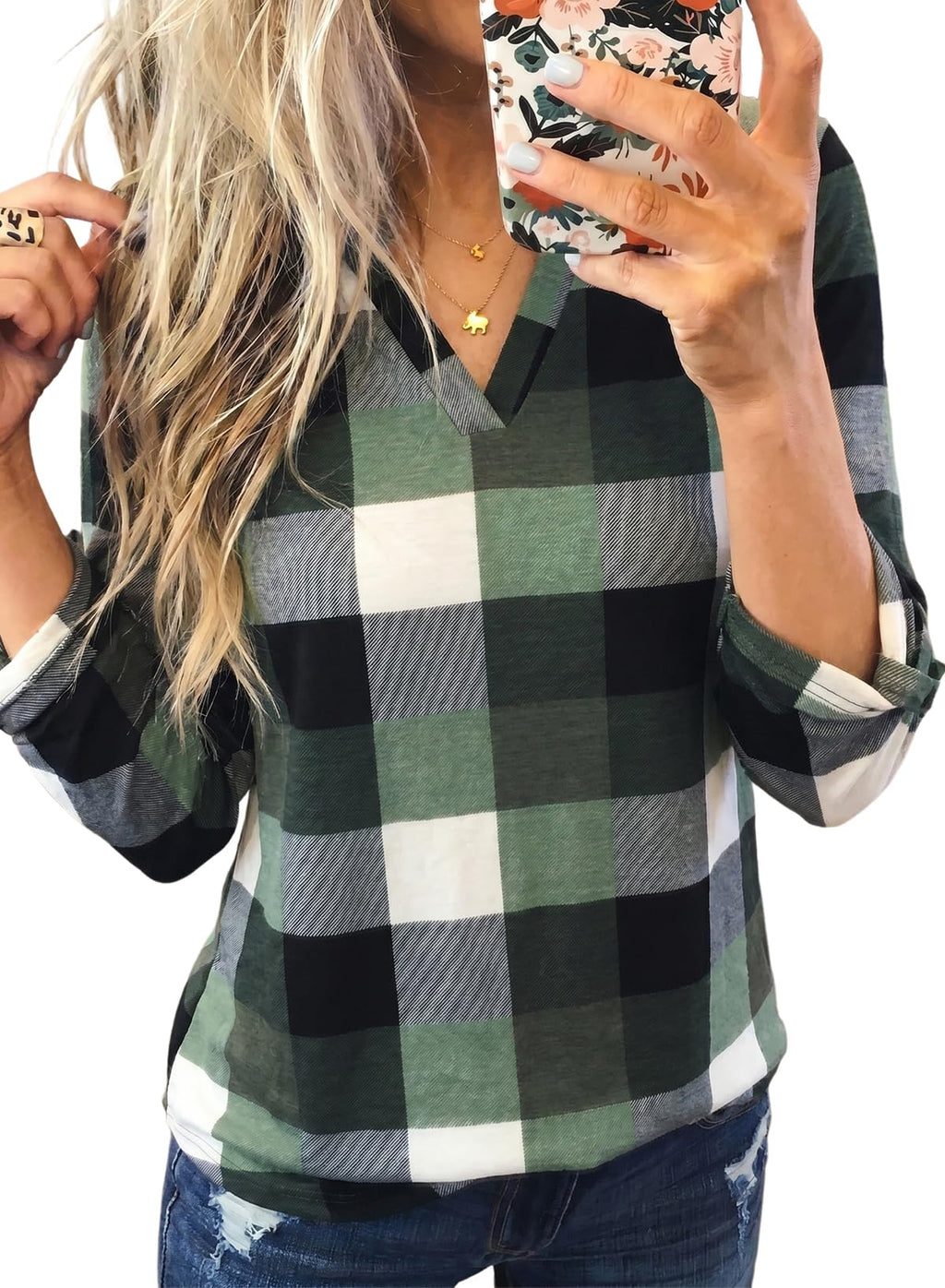 Dokotoo Womens Tops Plaid Cotton Cuffed 3/4 Sleeve Shirts Blouses