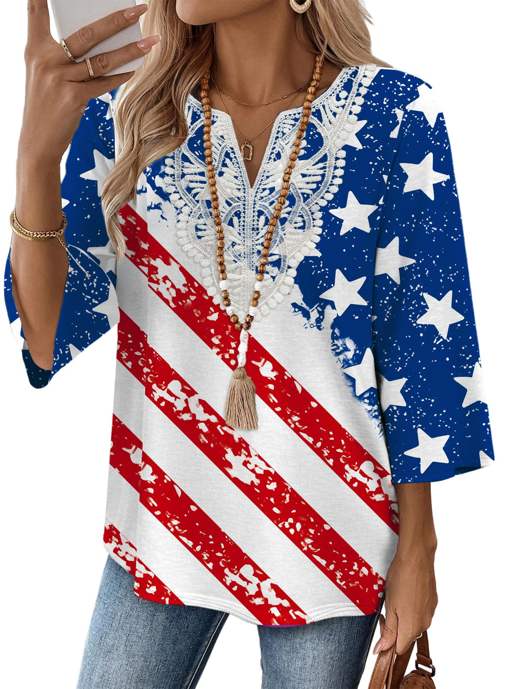 WIHOLL 3/4 Length Sleeve Womens Tops Boho V Neck Lace Shirt Trendy Blouses Dressy Casual Vacation Clothes S-3XL