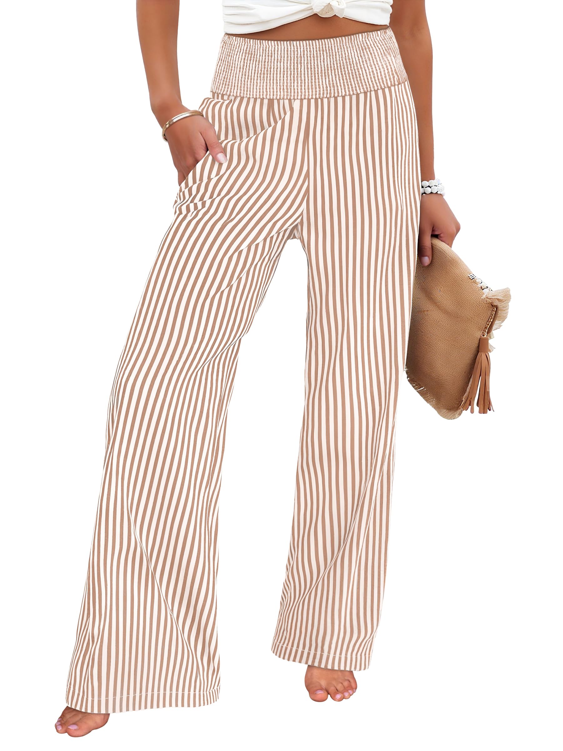 ANRABESS Womens Striped Gingham Wide Leg Palazzo Pants with Pockets