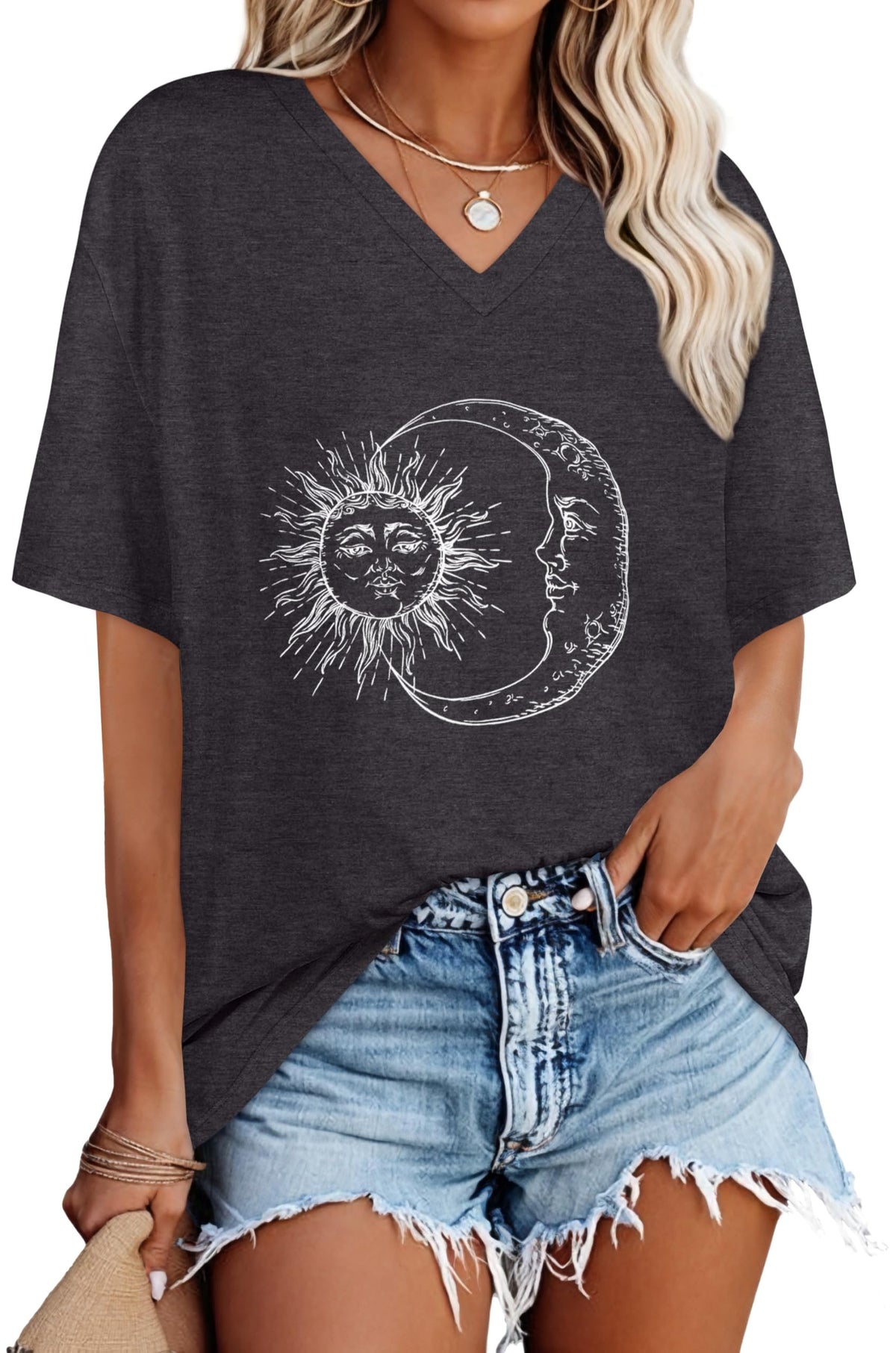 Oversized Tshirts for Women Graphic V Neck Short Sleeve Summer Casual Tops