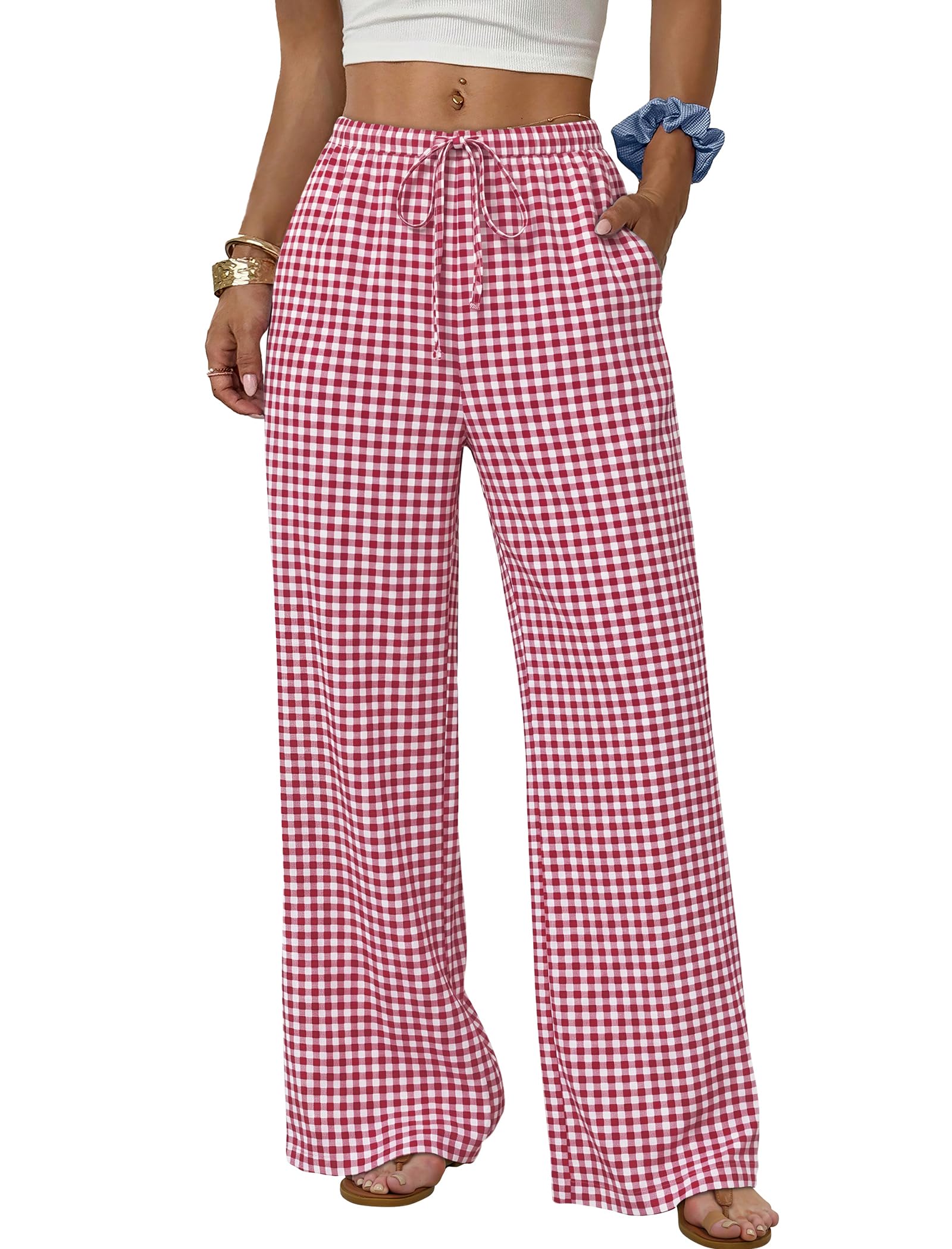Sampeel Wide Leg Pants for Women Flowy Palazzo Drawstring Elastic Waist Trousers with Pockets Summer Beach Vacation Clothes