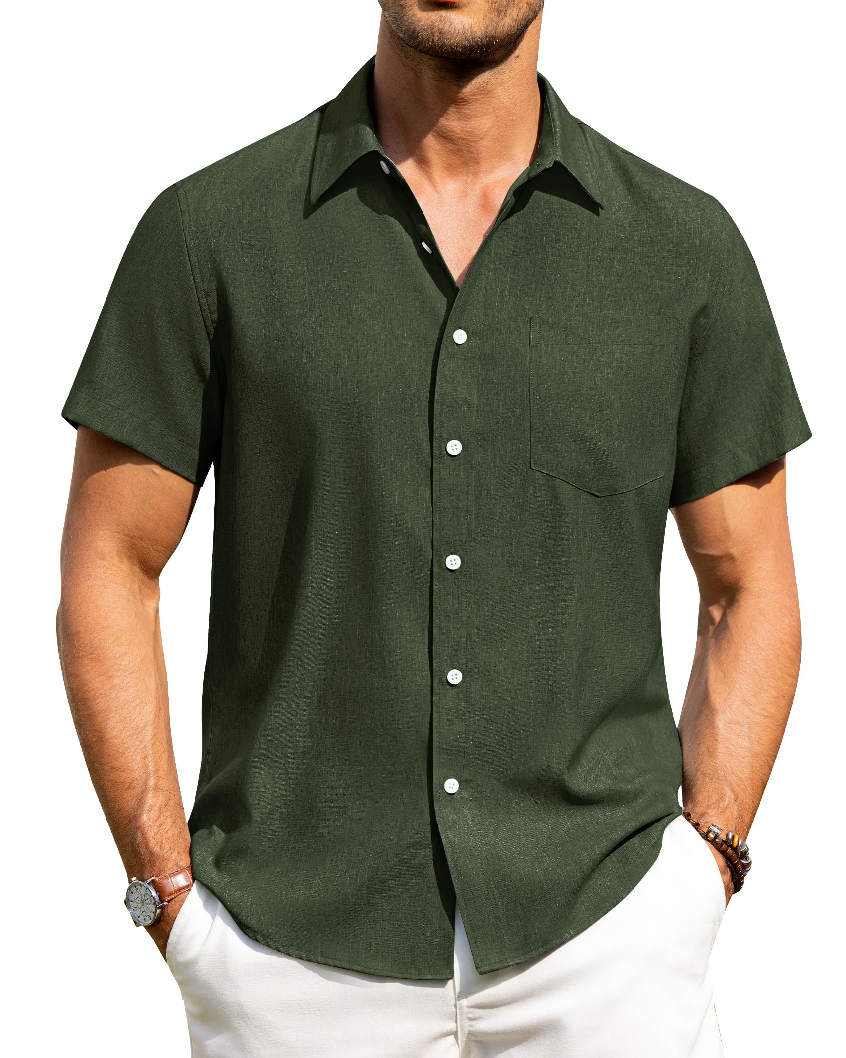 Alimens & Gentle Mens Linen Shirts Short Sleeve Button Down Shirts Wrinkle Free Casual Vacation Beach Summer Tops