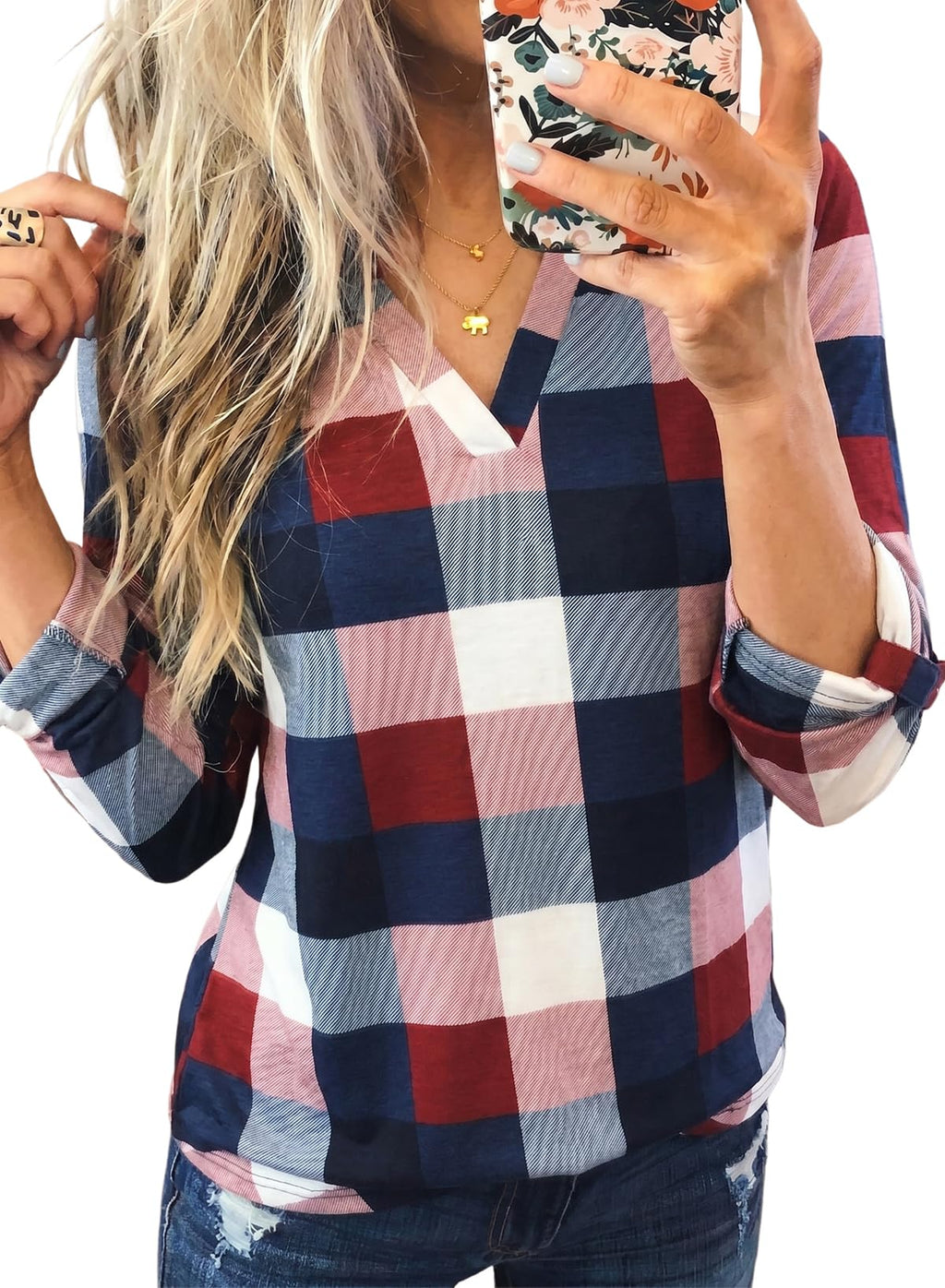 Dokotoo Womens Tops Plaid Cotton Cuffed 3/4 Sleeve Shirts Blouses