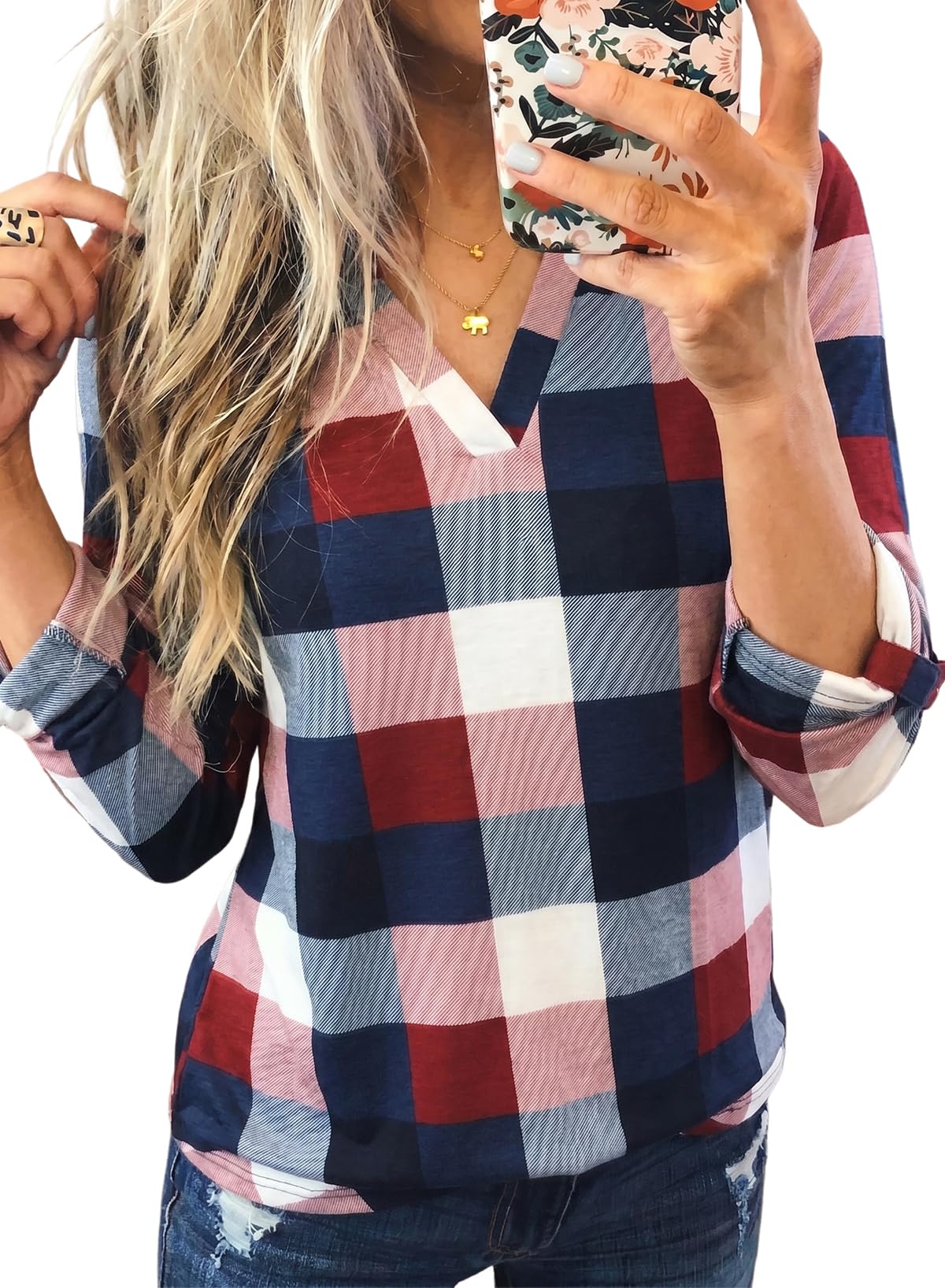 Dokotoo Womens Tops Plaid Cotton Cuffed 3/4 Sleeve Shirts Blouses