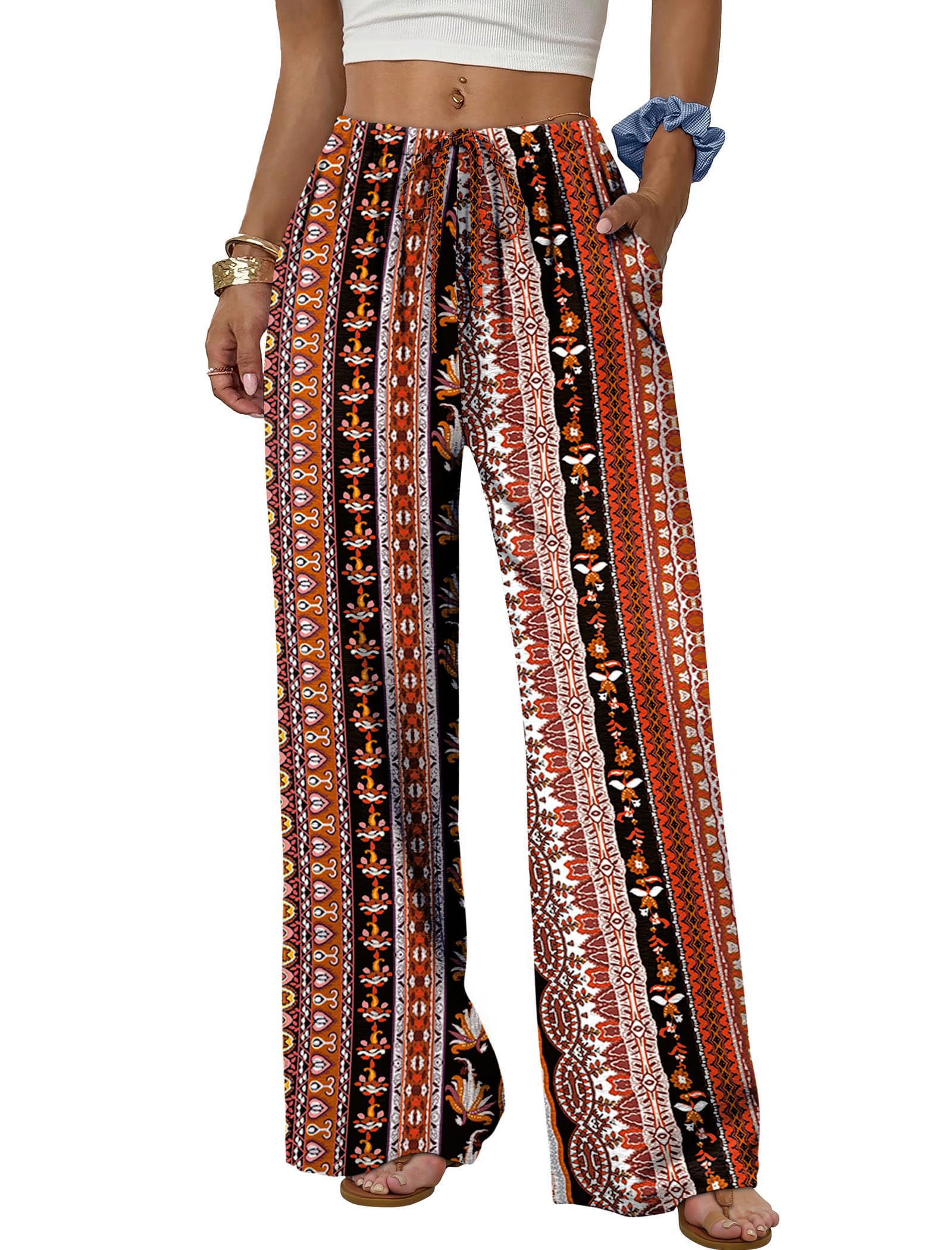 Sampeel Wide Leg Pants for Women Flowy Palazzo Drawstring Elastic Waist Trousers with Pockets Summer Beach Vacation Clothes