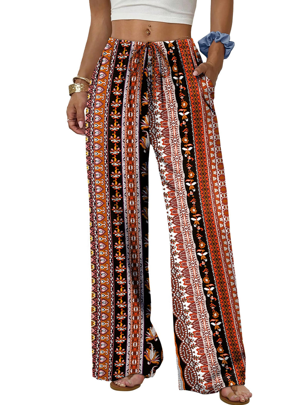 Sampeel Wide Leg Pants for Women Flowy Palazzo Drawstring Elastic Waist Trousers with Pockets Summer Beach Vacation Clothes