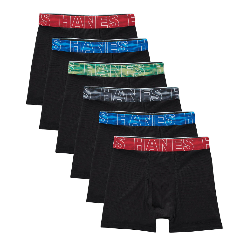 Hanes Boys' Moves Performance Underwear Boxer Brief, 6-pack, All Over Mesh Moisture Wicking Boxer Briefs