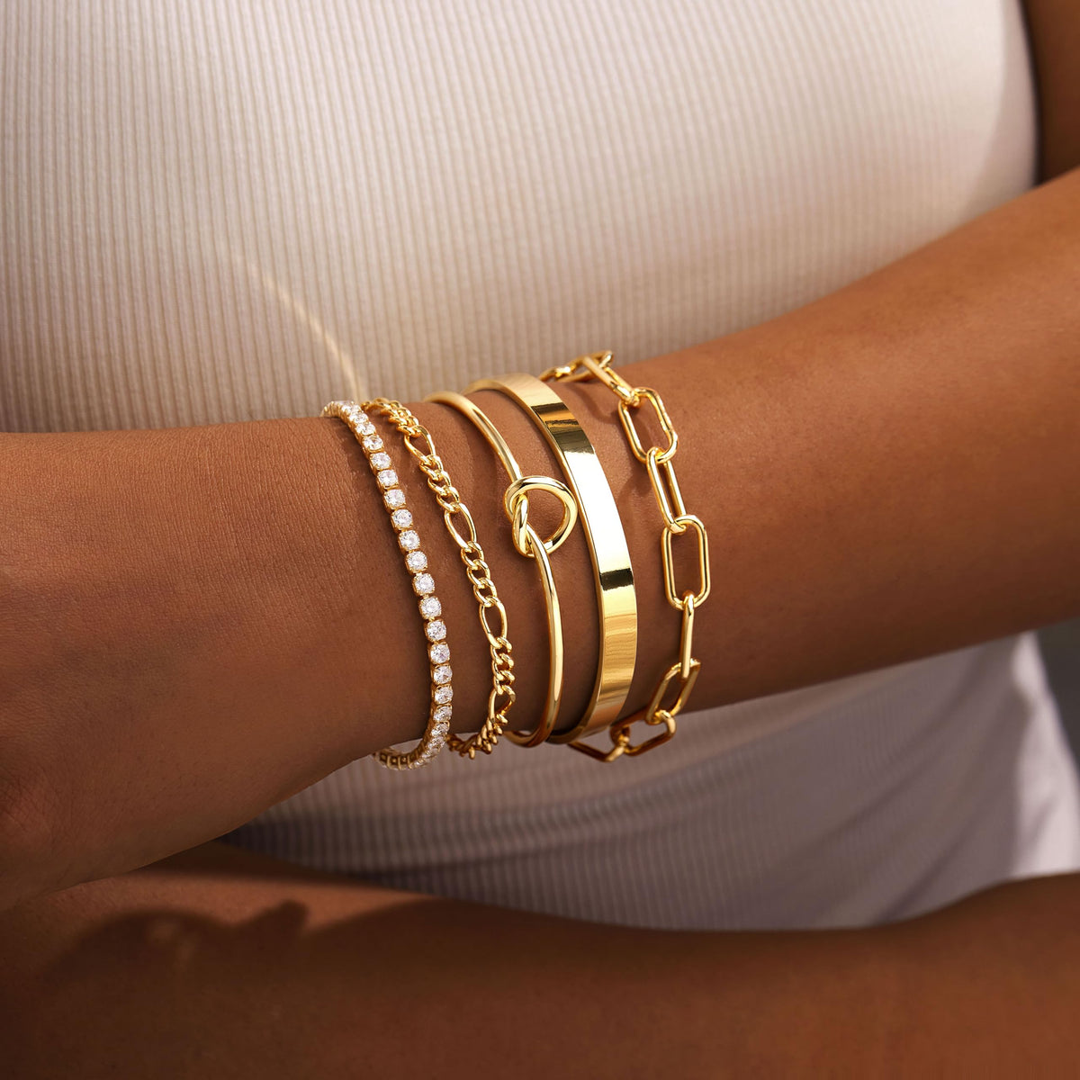 Gokeey Gold Bracelets Set for Women Non Tarnish, Waterproof 14K Gold Plated Sterling Silver Chunky Cuff Bracelet Stackable Gold Bangles Bracelet for Women Trendy Fashion Accessories Tie Knot Cuban Rope Paperclip Beaded Bracelet Stack Jewelry Mothers Day G