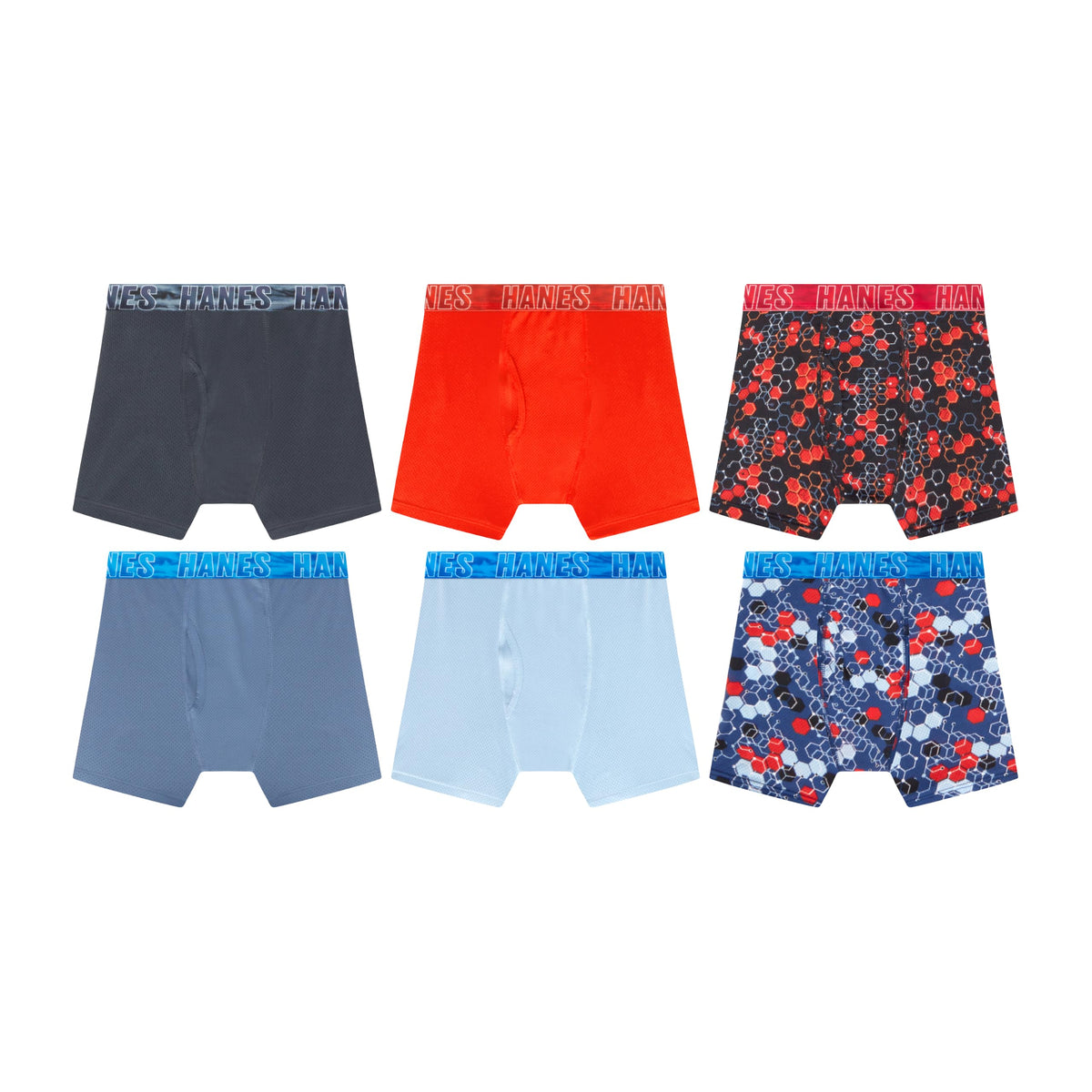 Hanes Boys' Moves Performance Underwear Boxer Brief, 6-pack, All Over Mesh Moisture Wicking Boxer Briefs