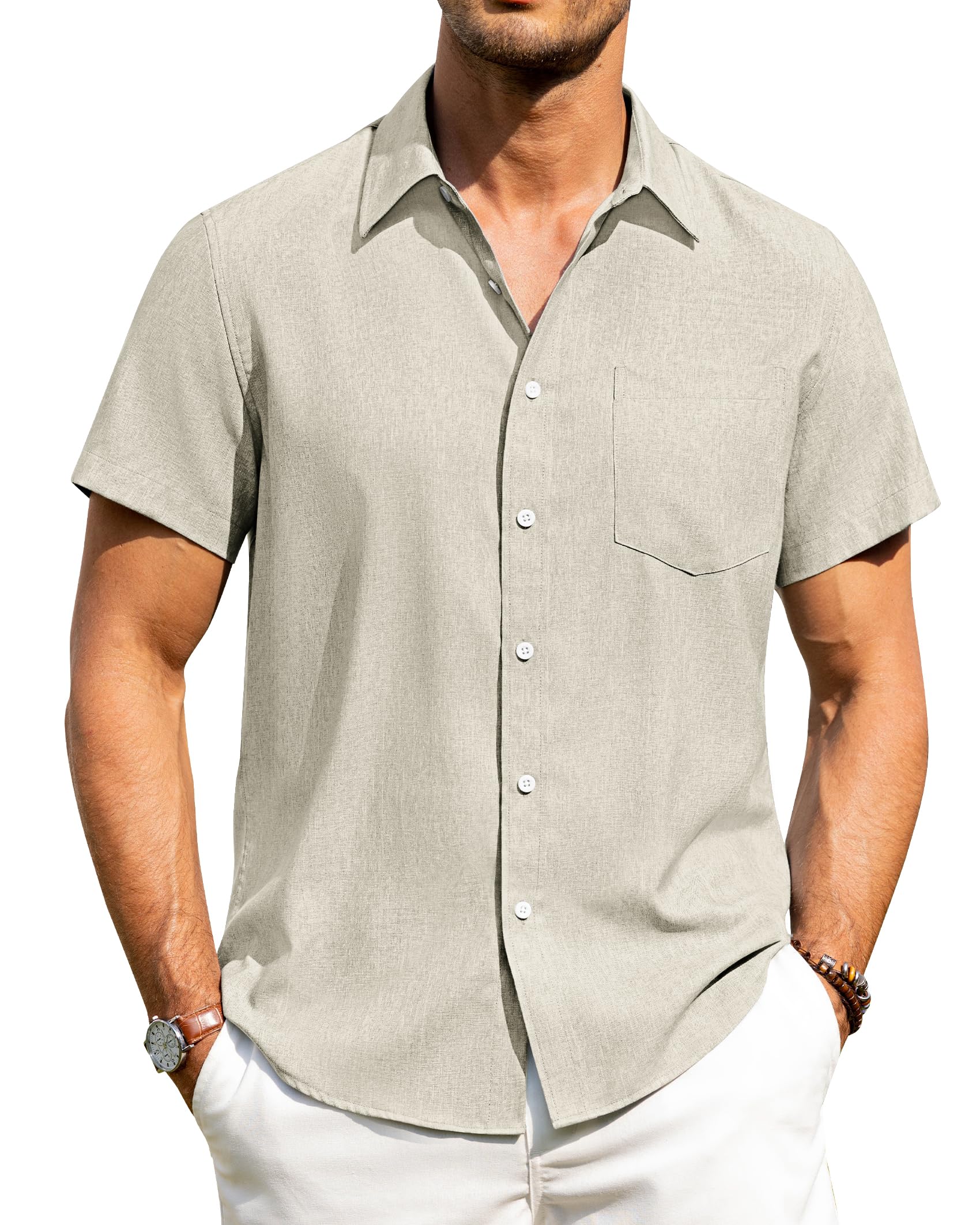 Alimens & Gentle Mens Linen Shirts Short Sleeve Button Down Shirts Wrinkle Free Casual Vacation Beach Summer Tops