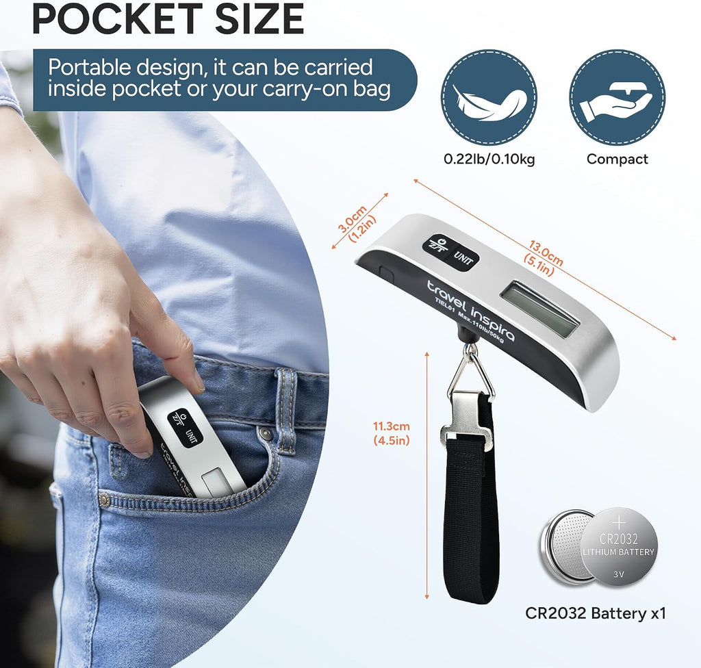 travel inspira Digital Luggage Scale – Portable Hanging Suitcase Weight Scale for Travel, 110 lb Capacity, Backlit LCD Display, Prevents Airport Overweight Fees, Battery Included