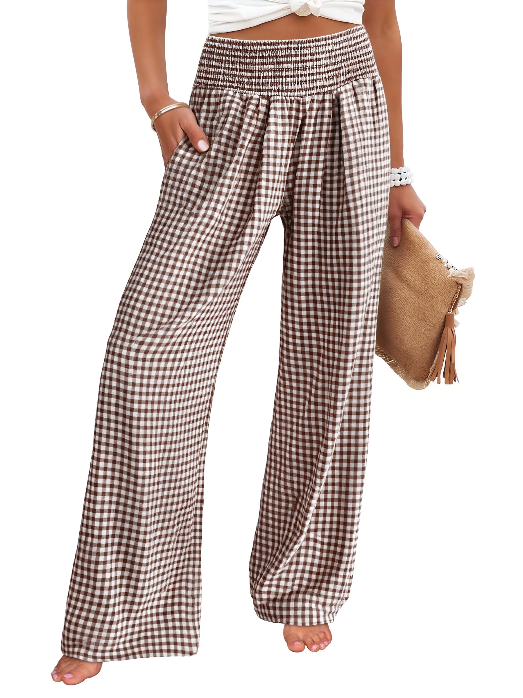 ANRABESS Womens Striped Gingham Wide Leg Palazzo Pants with Pockets