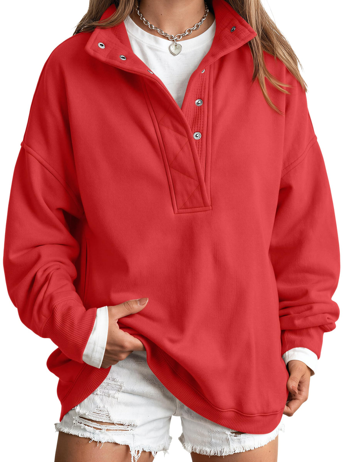 Trendy Queen Womens Oversized Sweatshirts with Snap Button Henley Collar