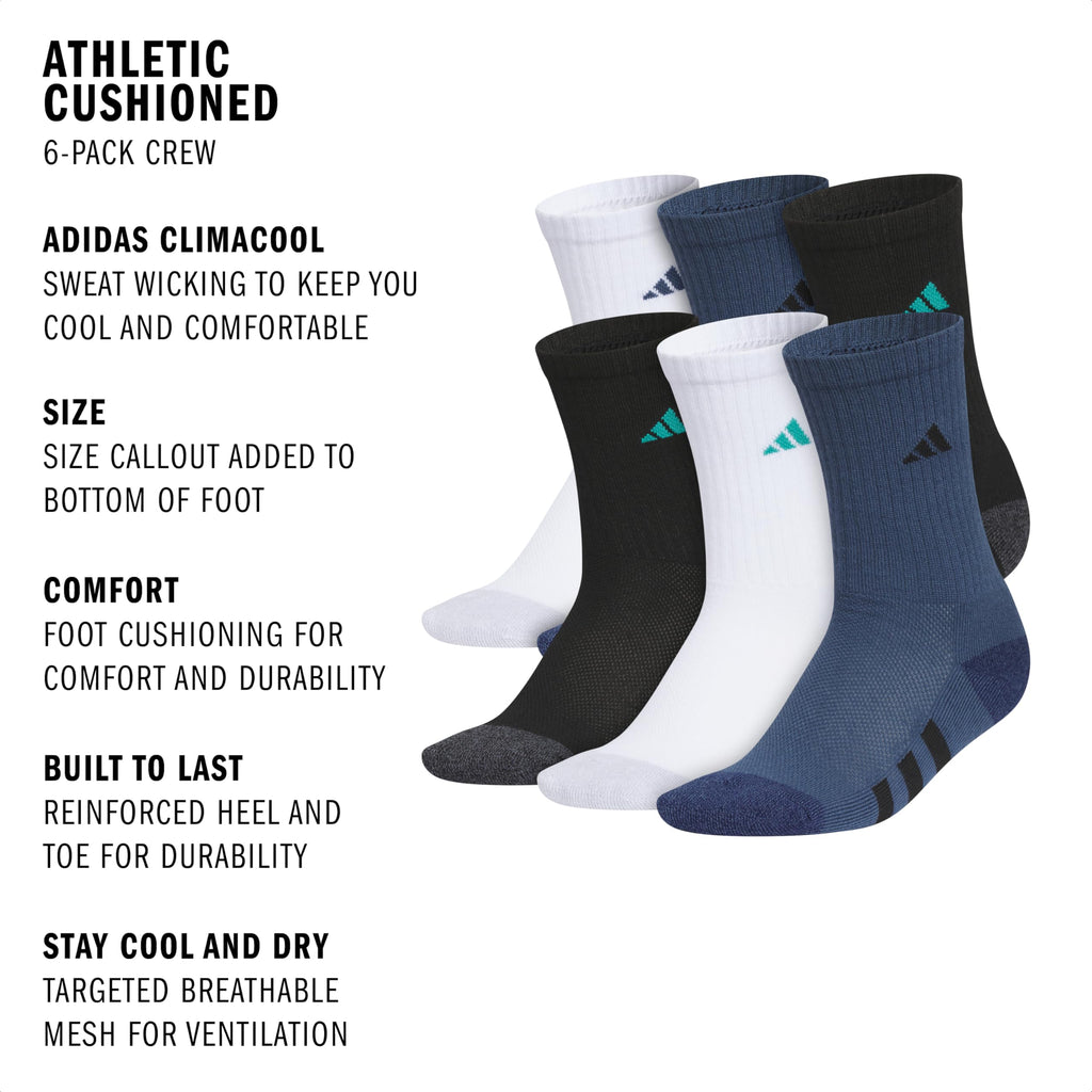 adidas Kids Athletic Cushioned Crew Socks 6 Pairs
