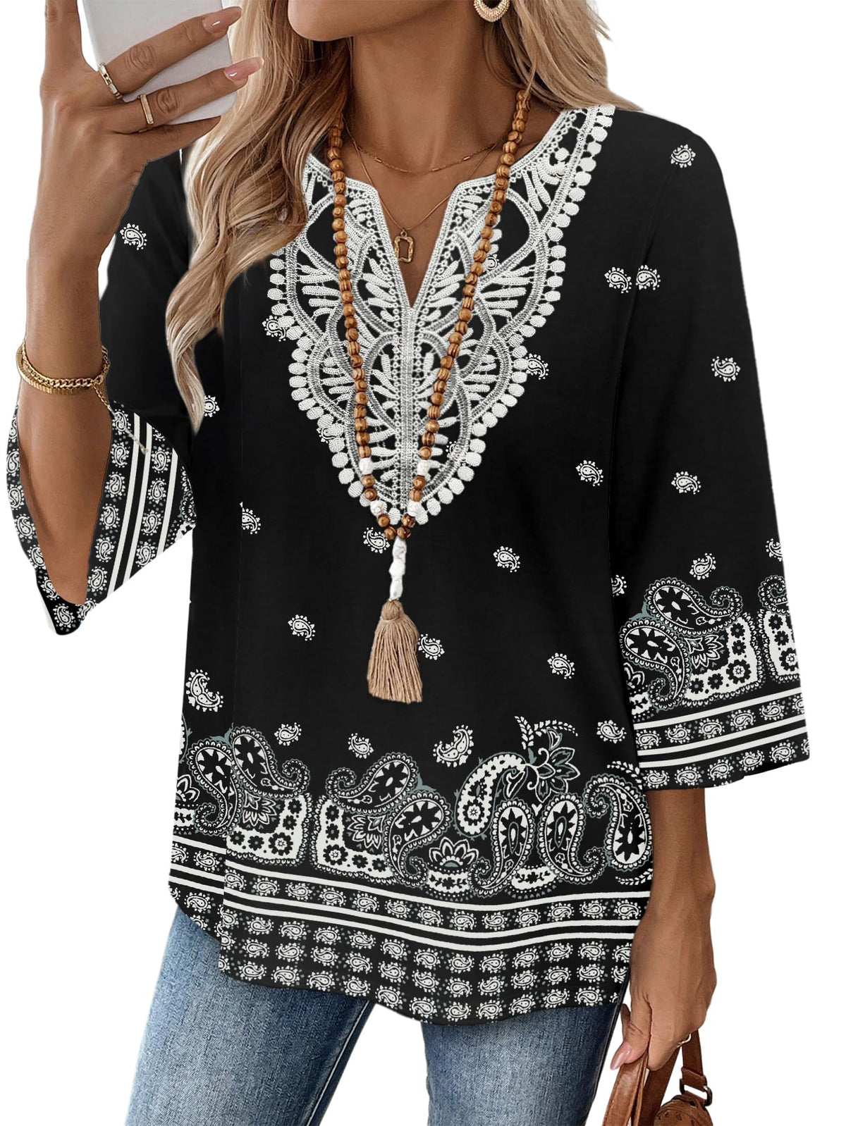 WIHOLL 3/4 Length Sleeve Womens Tops Boho V Neck Lace Shirt Trendy Blouses Dressy Casual Vacation Clothes S-3XL