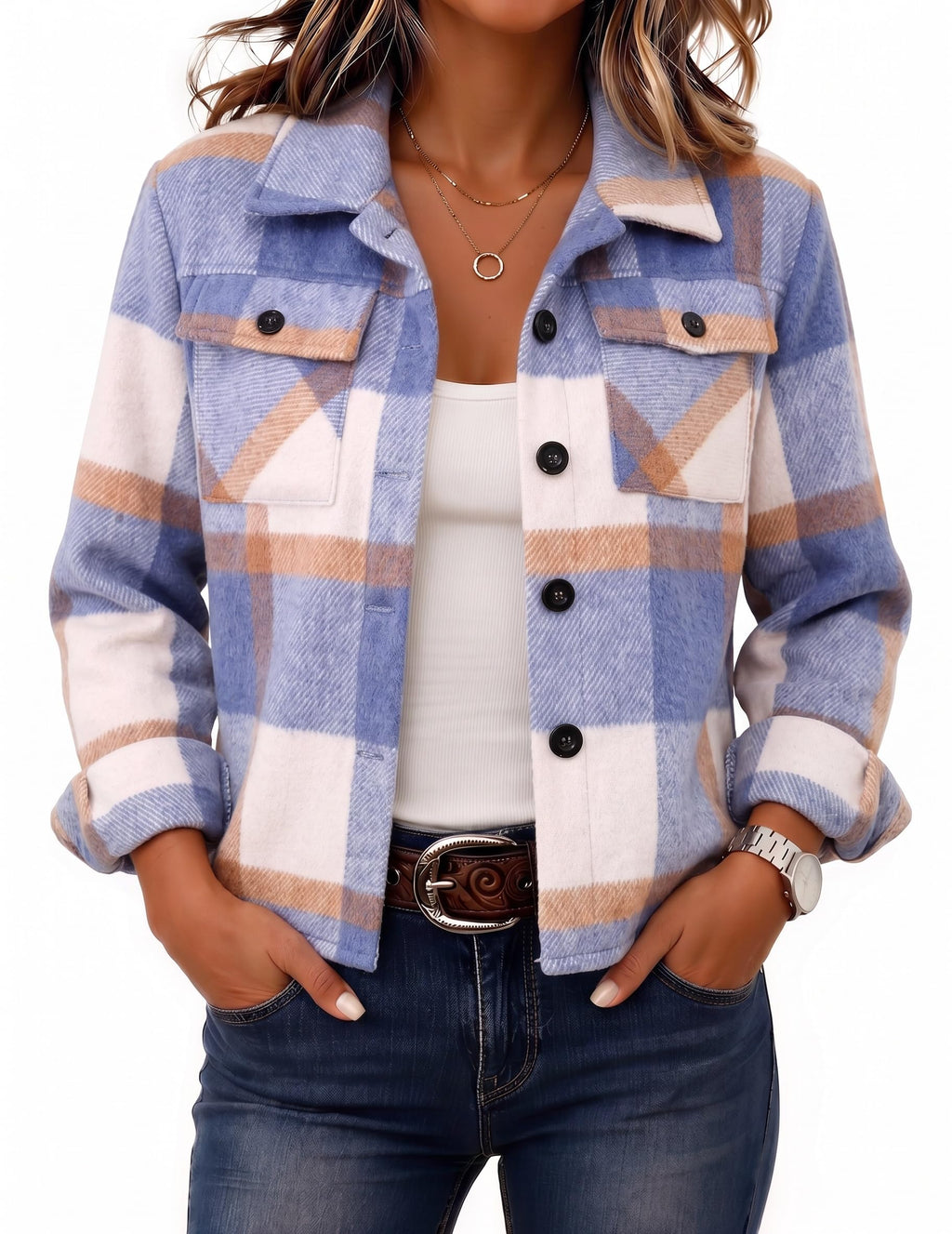 Zeagoo Flannels for Women Cropped Shacket Jacket Fashion Plaid Fall Coat