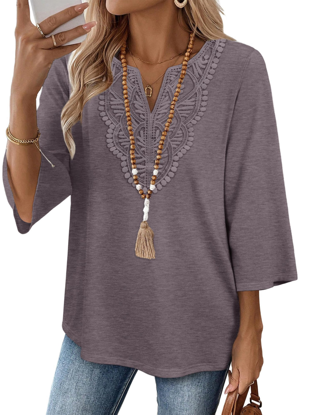 WIHOLL 3/4 Length Sleeve Womens Tops Boho V Neck Lace Shirt Trendy Blouses Dressy Casual Vacation Clothes S-3XL